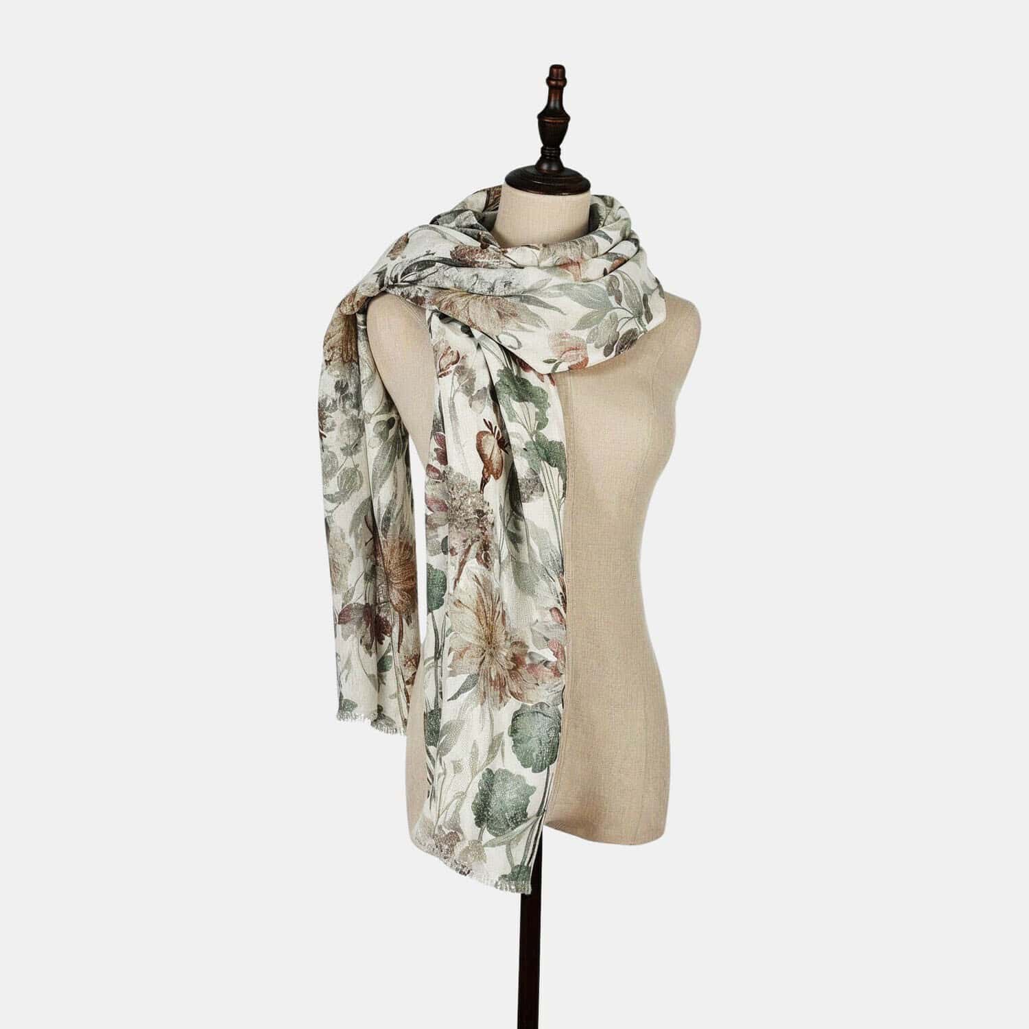 Chal Nolaria Pañuelo ligero con estampado floral en tonos verdes y marrones sobre fondo beige, tejido suave y transpirable