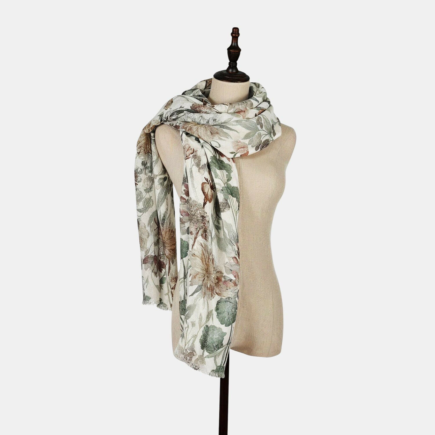 Chal Nolaria Pañuelo ligero con estampado floral en tonos verdes y marrones sobre fondo beige, tejido suave y transpirable