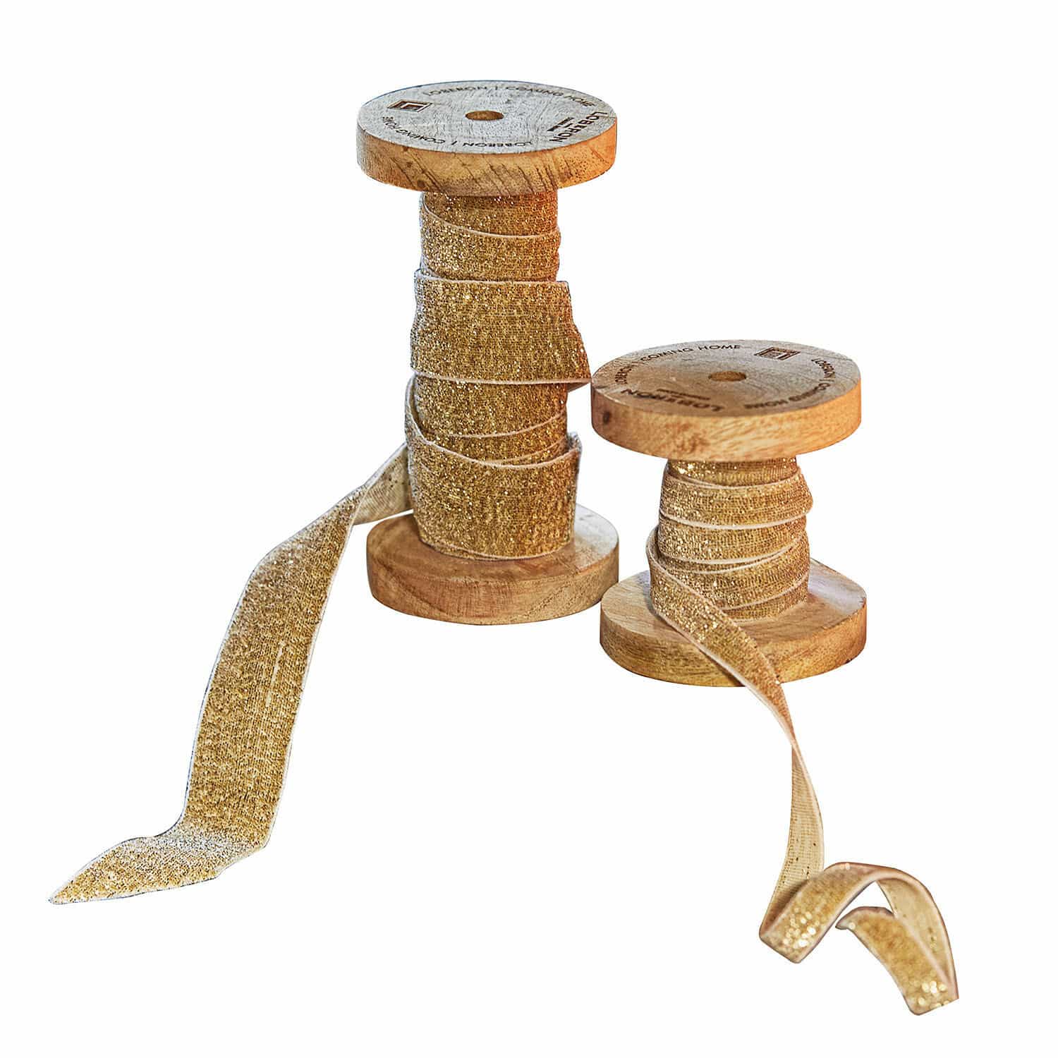 Set de 2 cintas de terciopelo dorado en carretes de madera para decoración y manualidades
