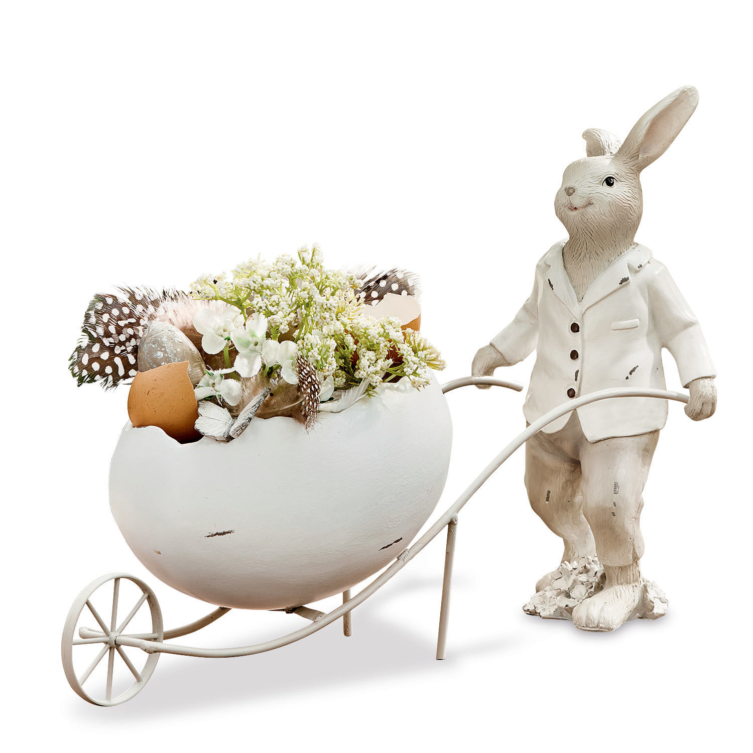 Conejo Jaris Conejo decorativo blanco de metal empujando una carretilla con maceta en forma de cáscara de huevo y flores