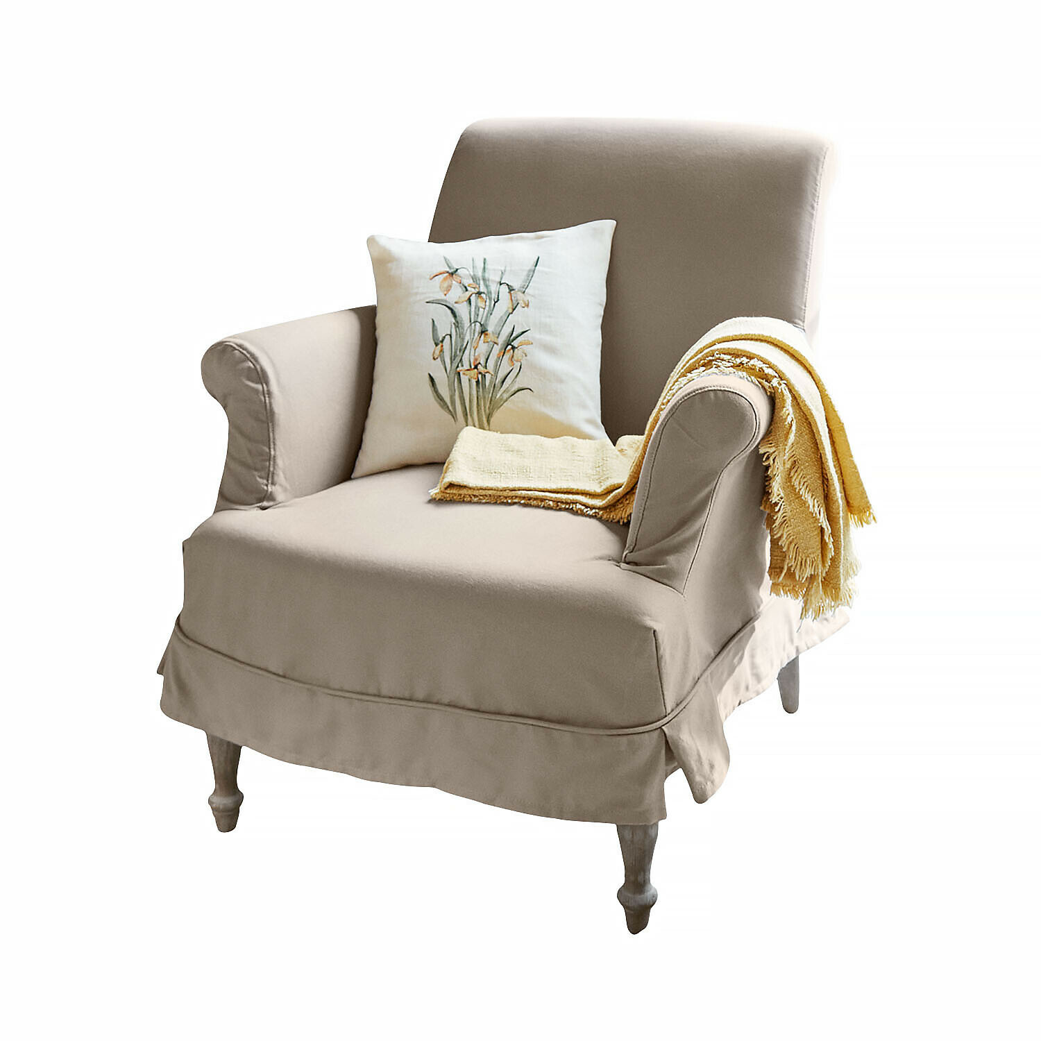 Sillón Everleighs Sillón beige de tela con cojín floral y manta amarilla, mueble cómodo para salón moderno