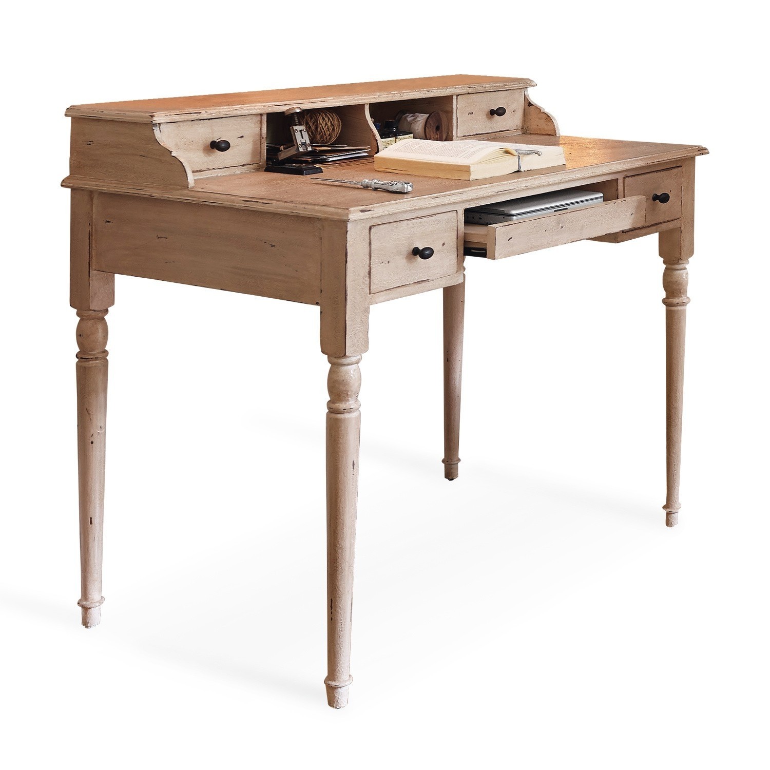 crema Escritorio crema de madera con cajones y estantes, estilo vintage para oficina y hogar