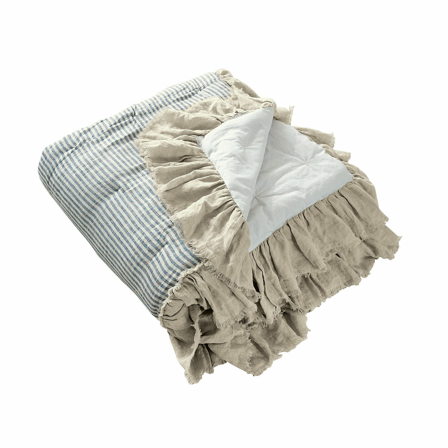 Colcha Alexane Colcha acolchada de lino beige con rayas azules y volantes, ropa de cama decorativa