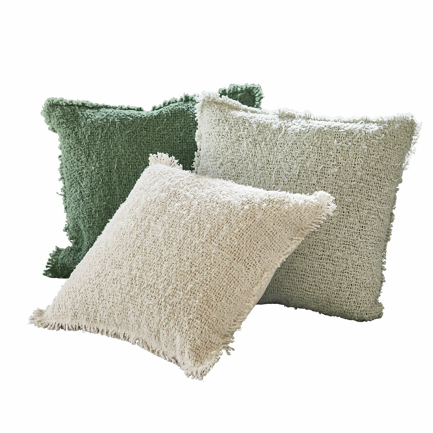 Conjunto de tres cojines decorativos de tela suave en verde y crema para sala acogedora