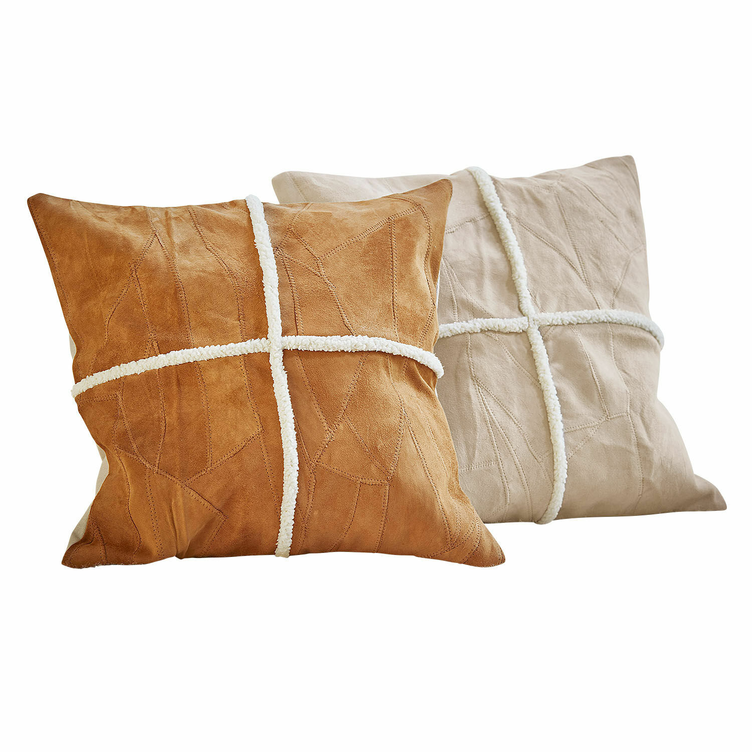 Set de 2 fundas de cojín Raminya Conjunto de dos cojines decorativos de ante marrón y beige con diseño de cruz blanca para salón