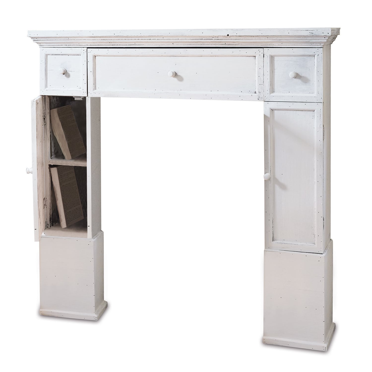 Consola de chimenea Konterra de madera blanca con cajones y espacio para libros, estilo vintage