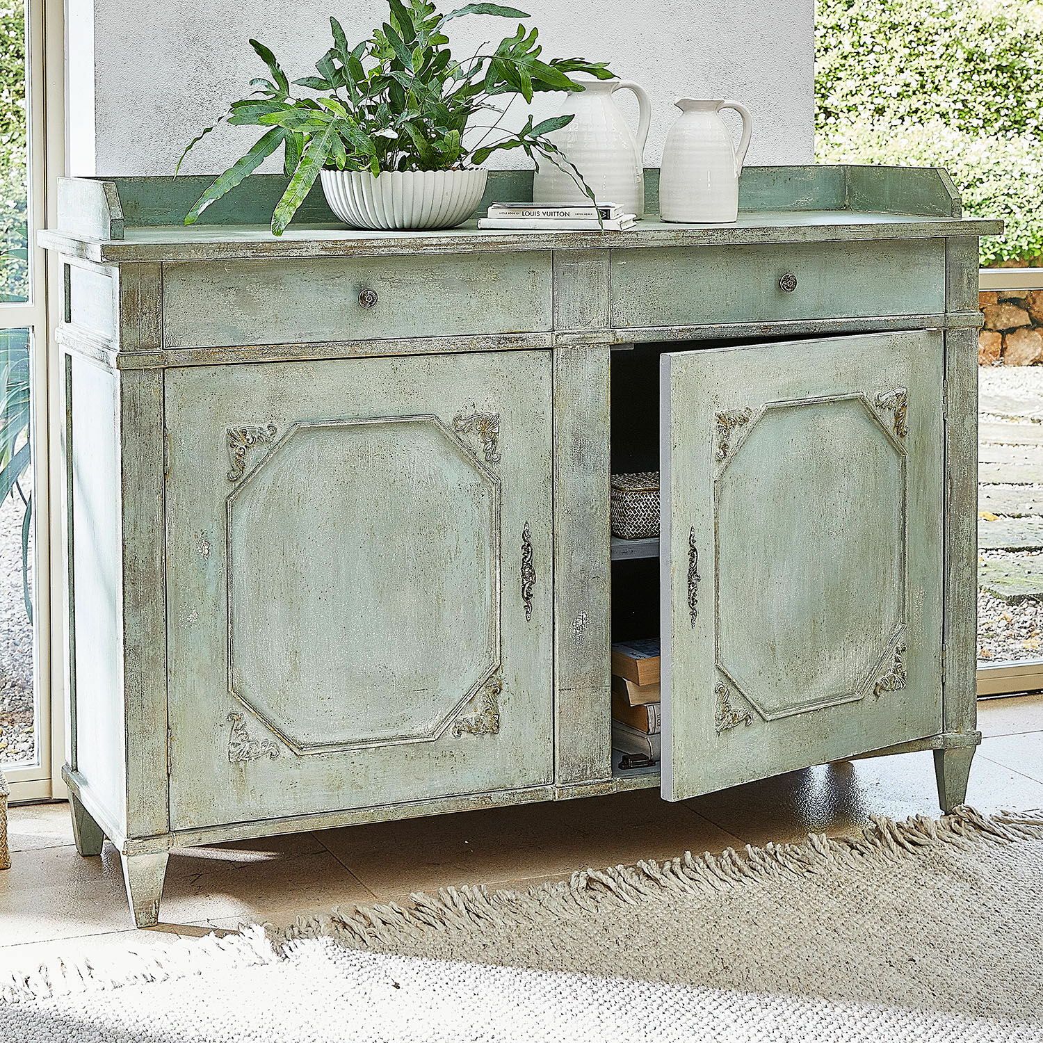 Cómoda Mervelique Aparador verde de madera con dos cajones y puertas decorativas estilo vintage para almacenamiento