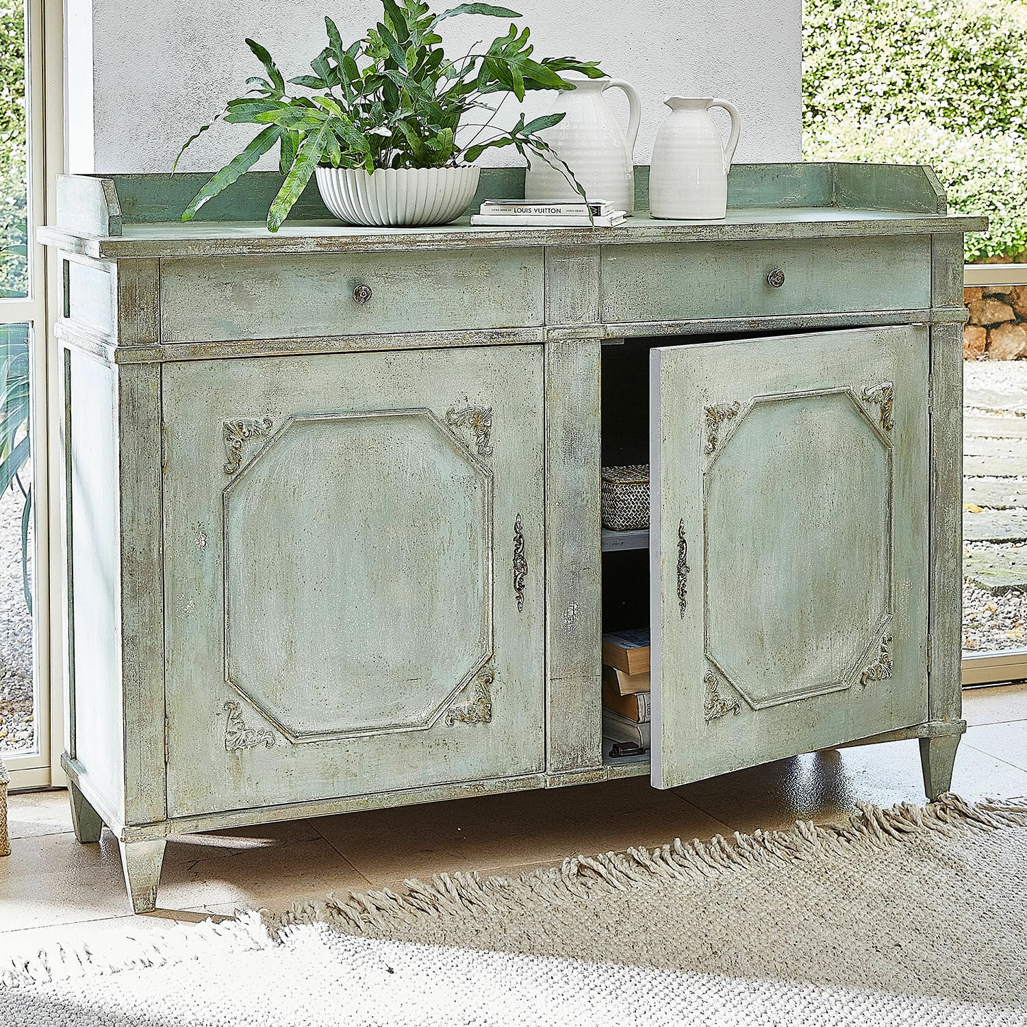 Cómoda Mervelique Aparador verde de madera con dos cajones y puertas decorativas estilo vintage para almacenamiento