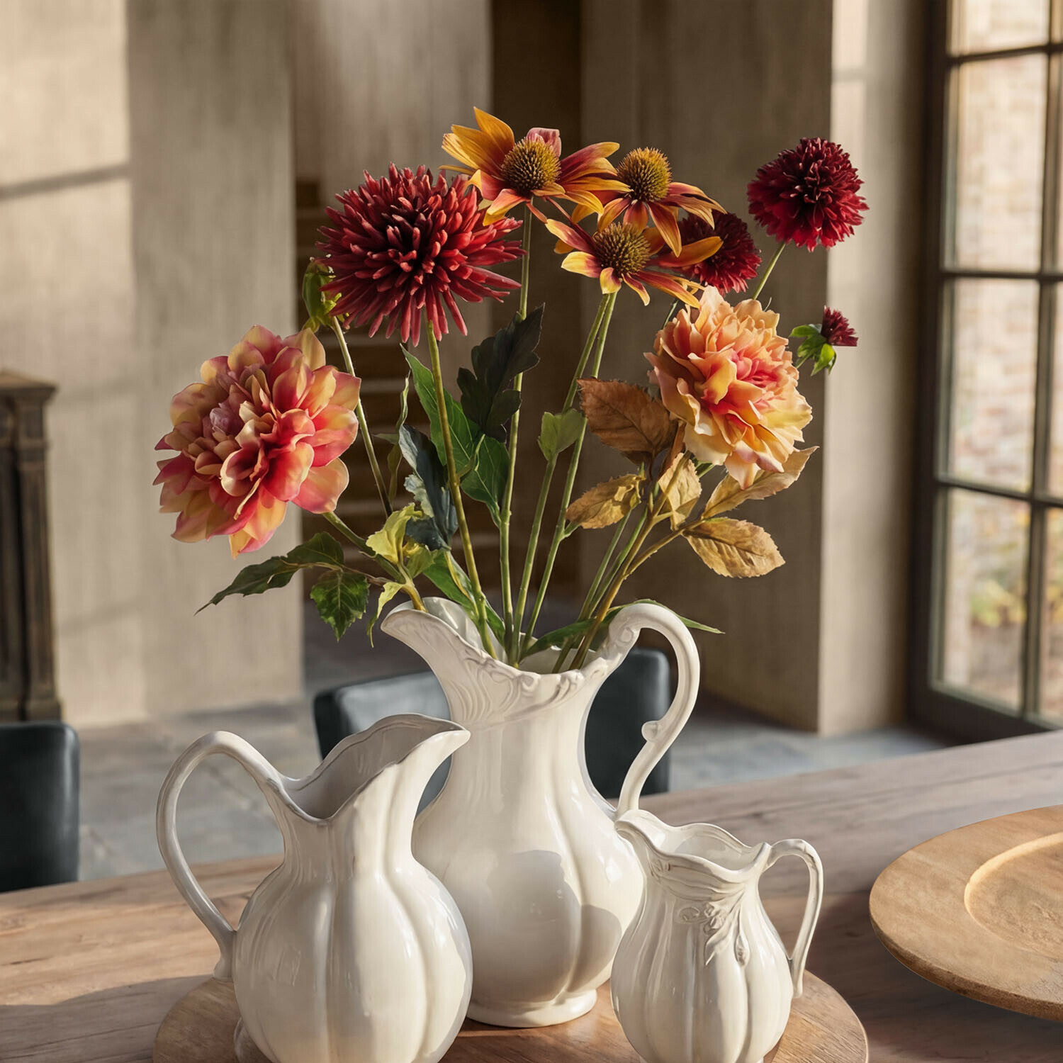Set de 4 flores decorativas Zévrine Jarras de cerámica blanca sobre mesa de madera con ramo de flores artificiales en tonos cálidos