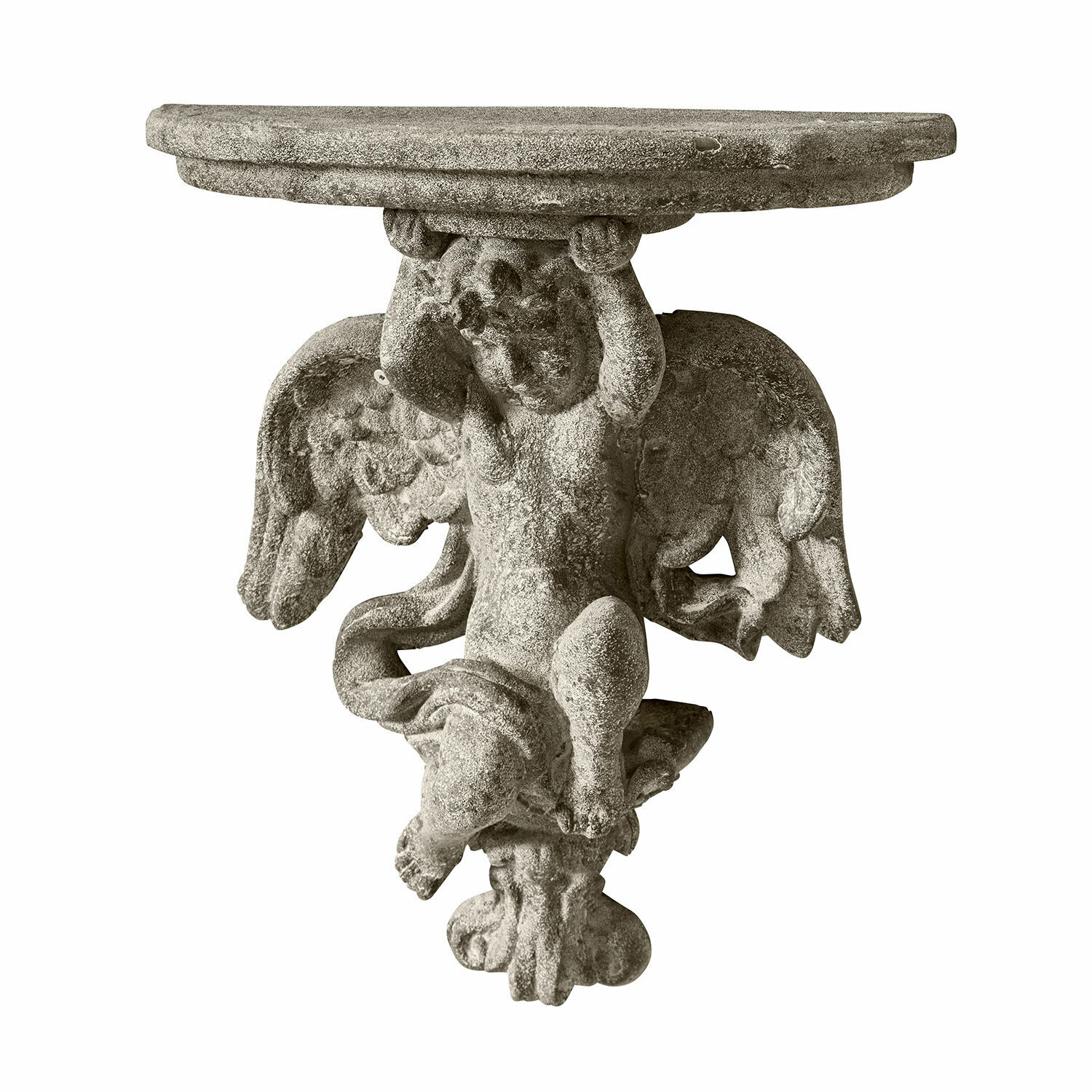 Ménsula Deronza Mesa mural de piedra gris con ángel tallado, mueble decorativo para jardín o interior