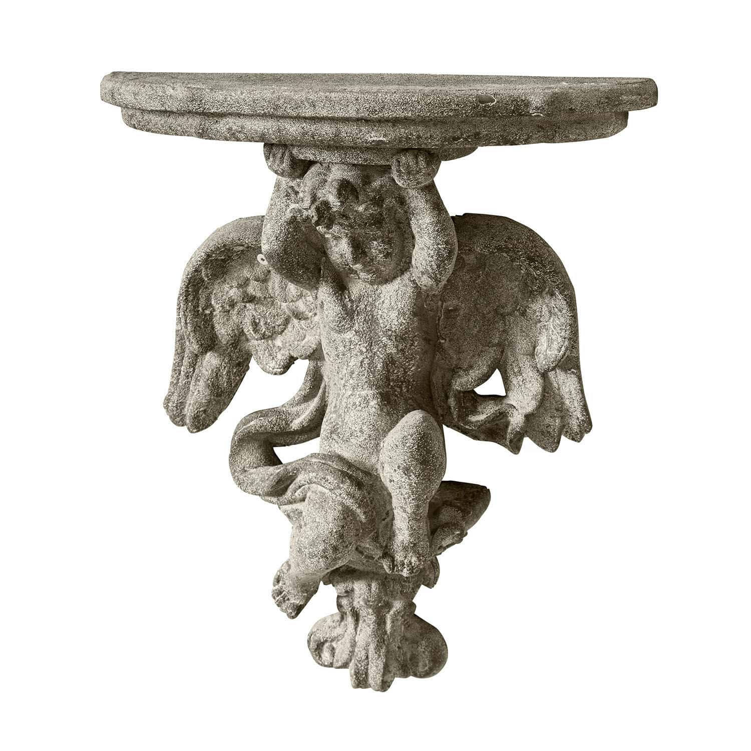 Ménsula Deronza Mesa mural de piedra gris con ángel tallado, mueble decorativo para jardín o interior