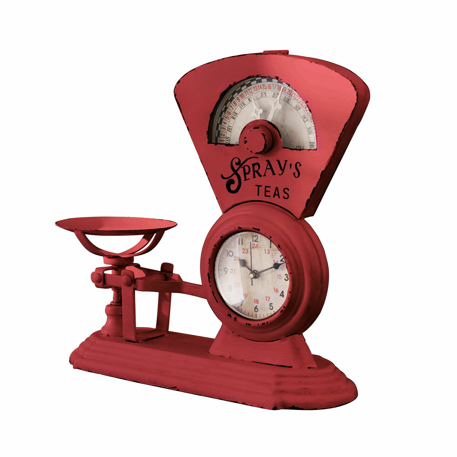 rojo envejecido Báscula de cocina roja de metal con reloj y texto Spray's Teas, estilo vintage
