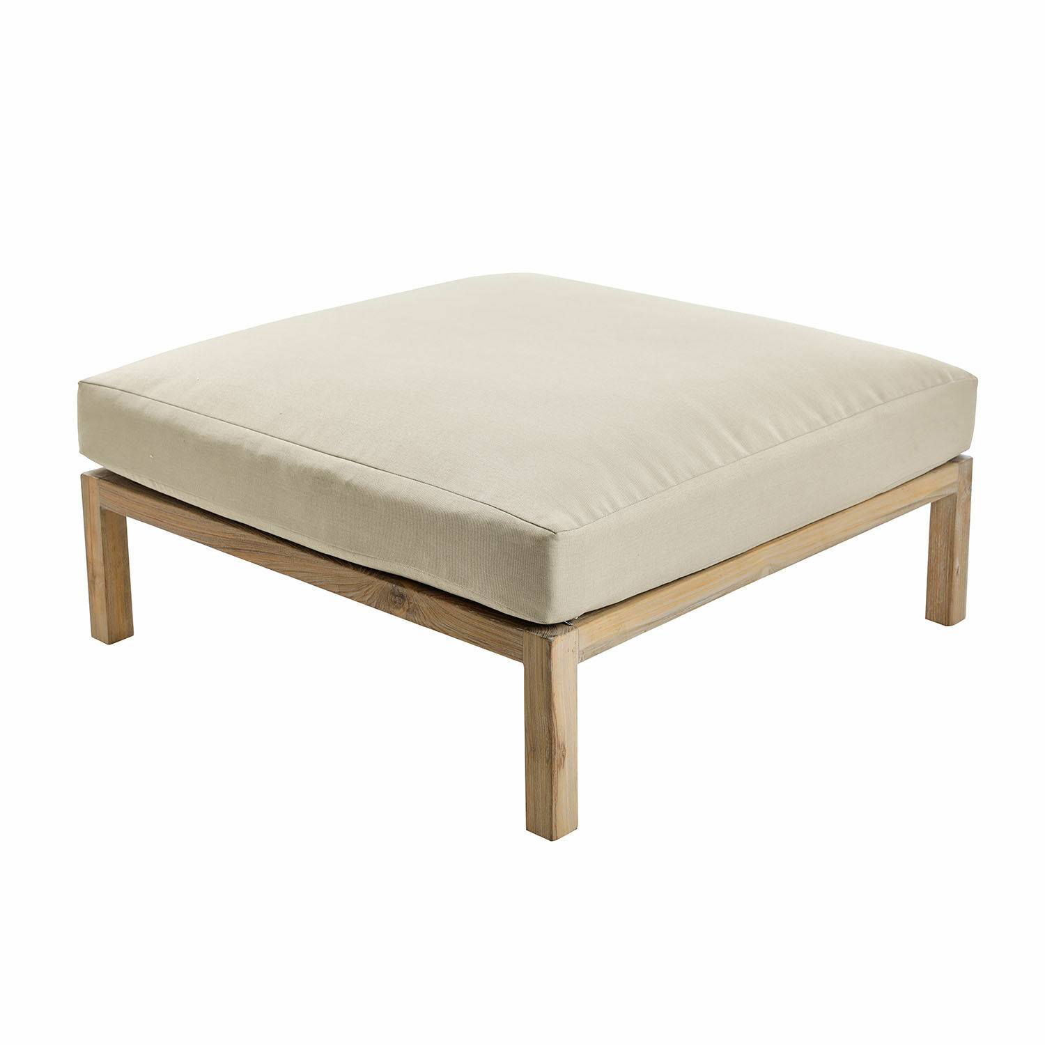 Reposapiés con cojín beige claro y estructura de madera, mueble cómodo para salón