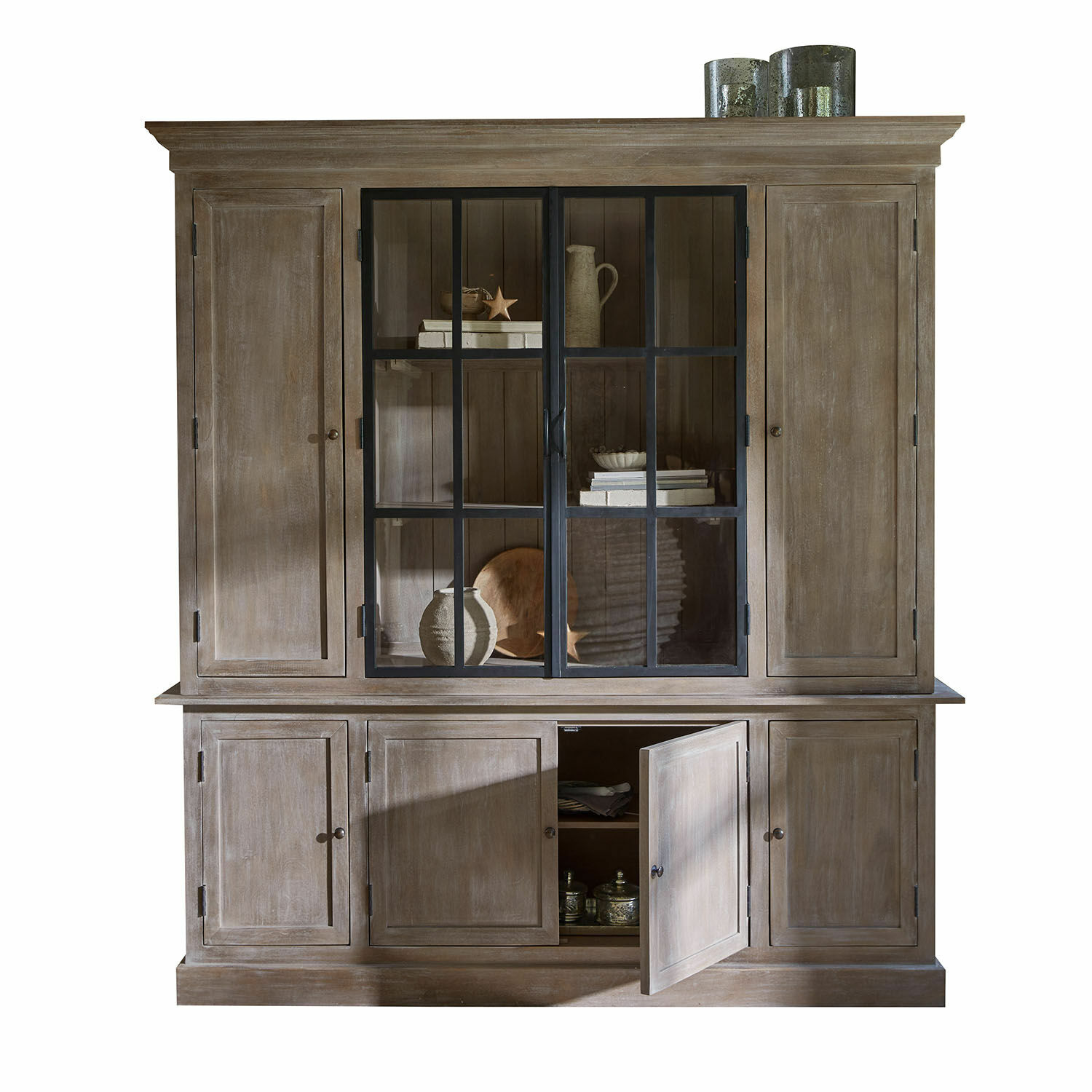 Armario Valandor Gran vitrina de madera natural con puertas de cristal y estantes, mueble para salón