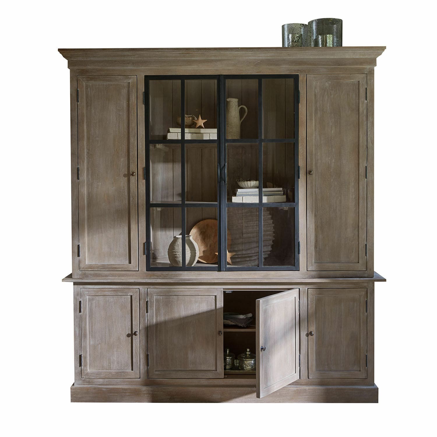 Armario Valandor Gran vitrina de madera natural con puertas de cristal y estantes, mueble para salón