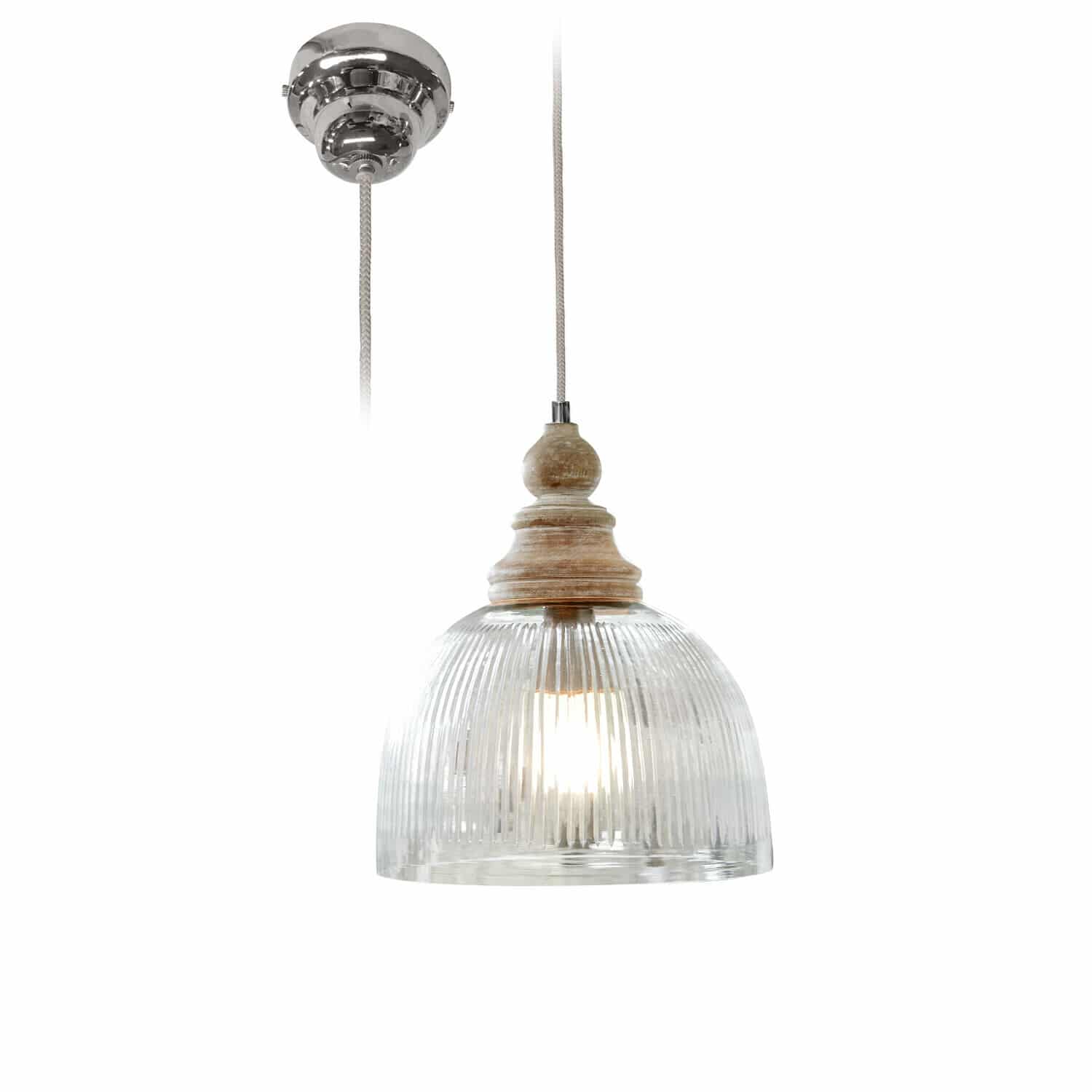 Lámpara colgante Lezáun Lámpara colgante de vidrio transparente acanalado y madera natural para iluminación interior