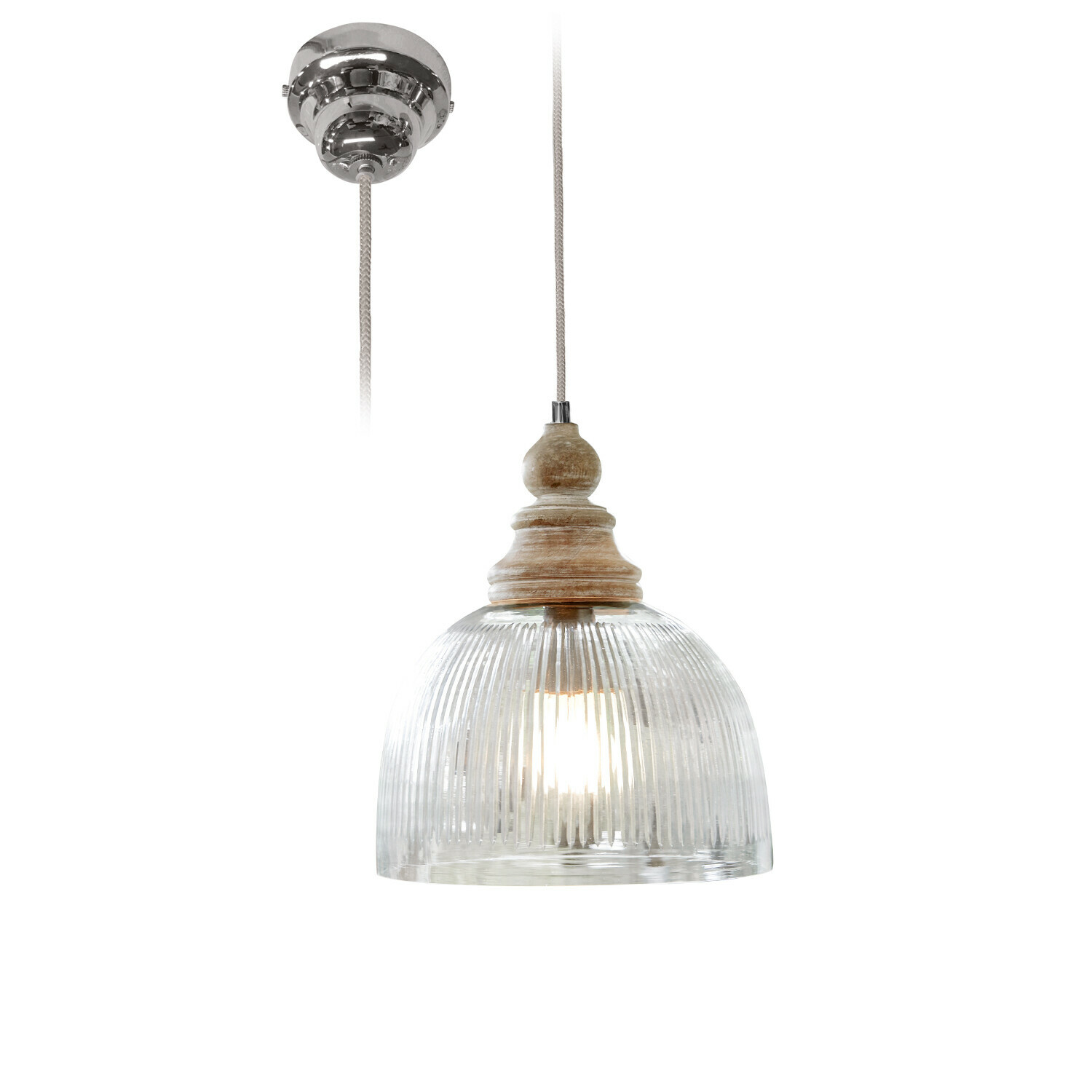 Lámpara colgante Lezáun Lámpara colgante de vidrio transparente acanalado y madera natural para iluminación interior
