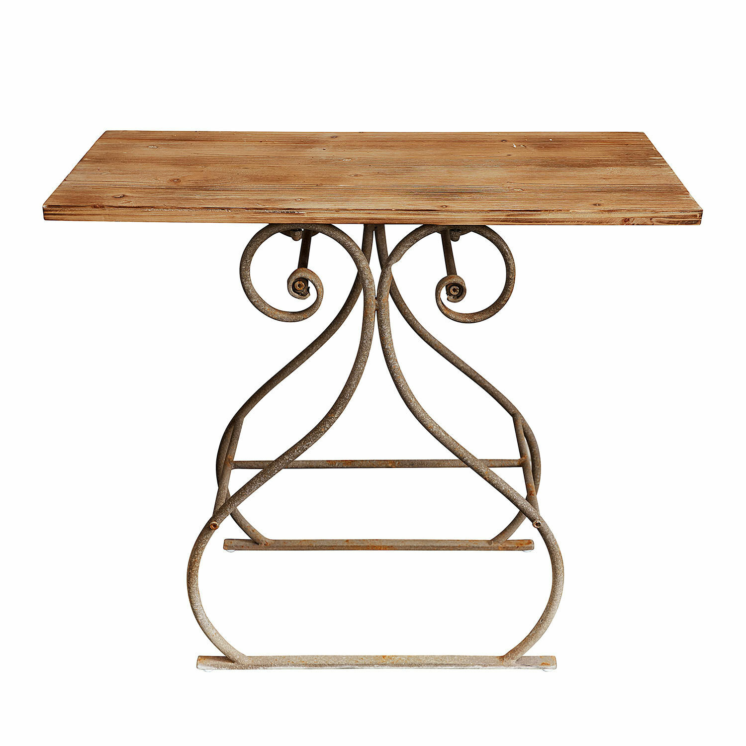 Mesa con tablero de madera clara y base metálica con adornos en espiral, diseño rústico