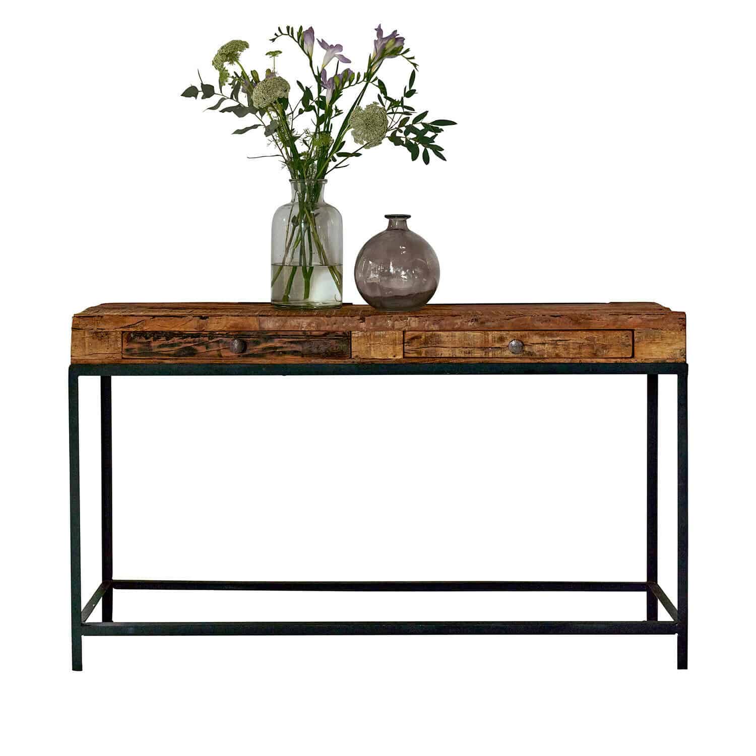 Consola Rovino Consola de madera y metal con dos cajones, decorada con jarrón y flores frescas