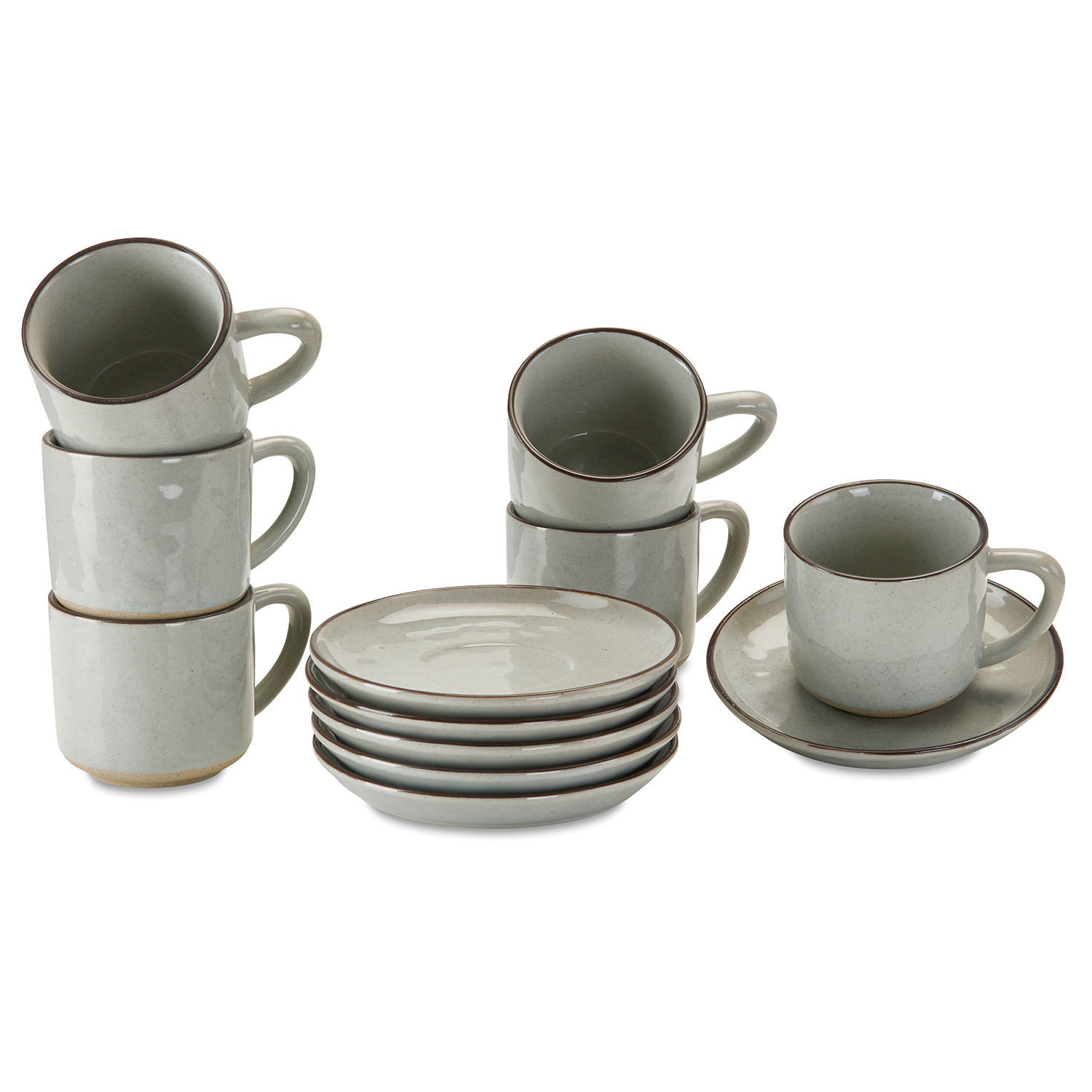 Set de 6 tazas y platillos Biarré Juego de tazas y platos de cerámica gris con borde marrón para café o té