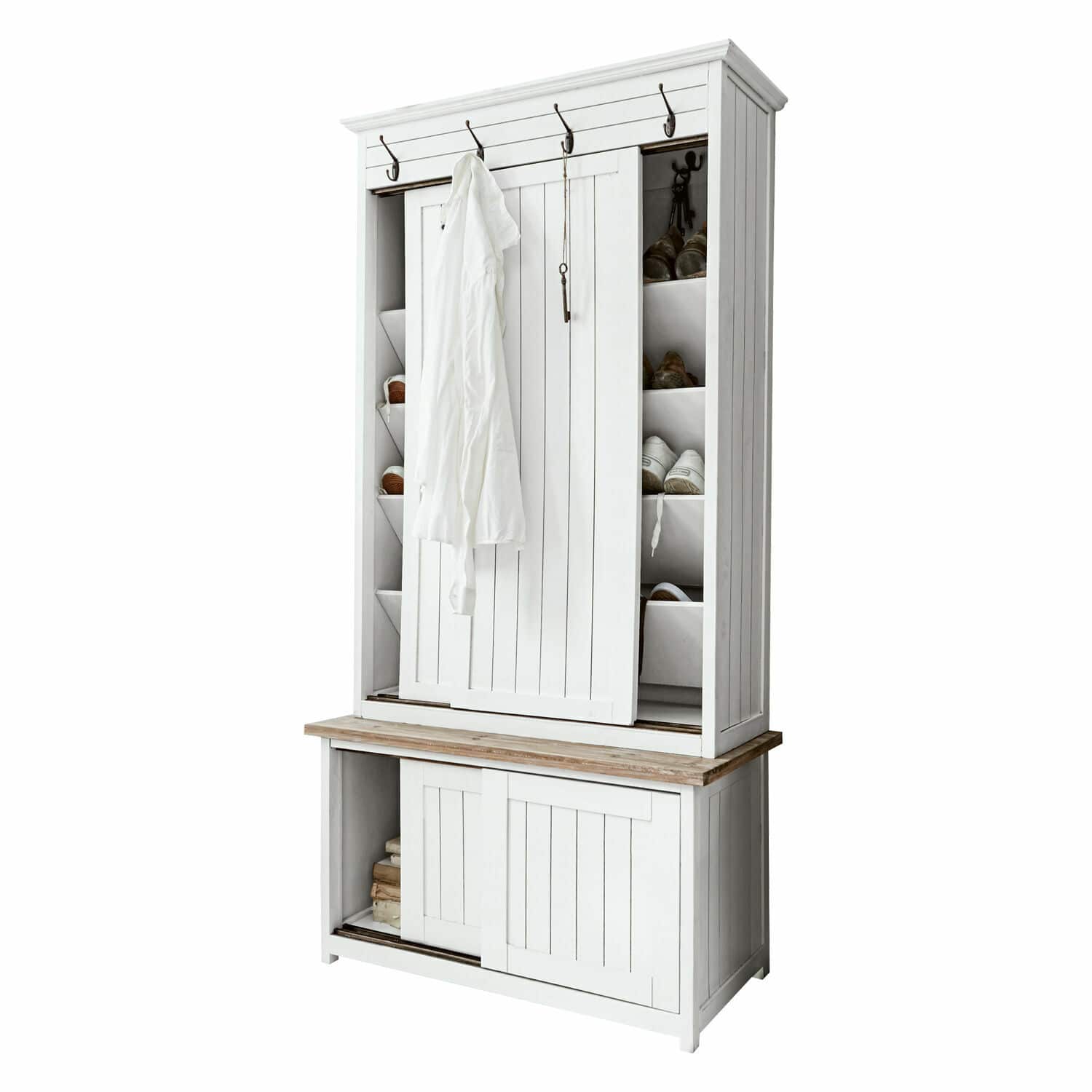Armario perchero Remerton Mueble blanco de madera con estantes para zapatos y ganchos para ropa en el recibidor