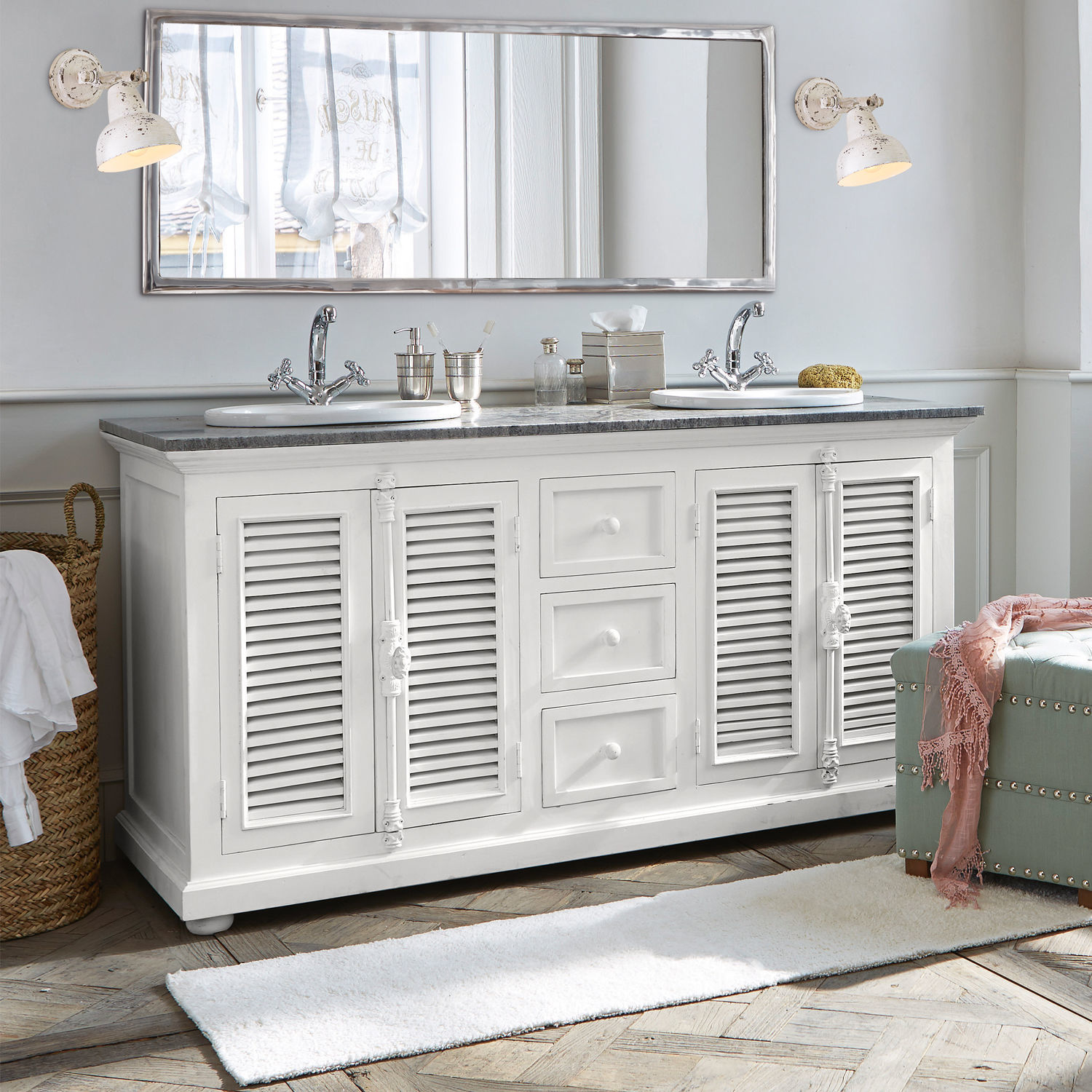 Lavabo doble South Paris Mueble de baño blanco de madera con dos lavabos y espejo, estilo vintage decorativo