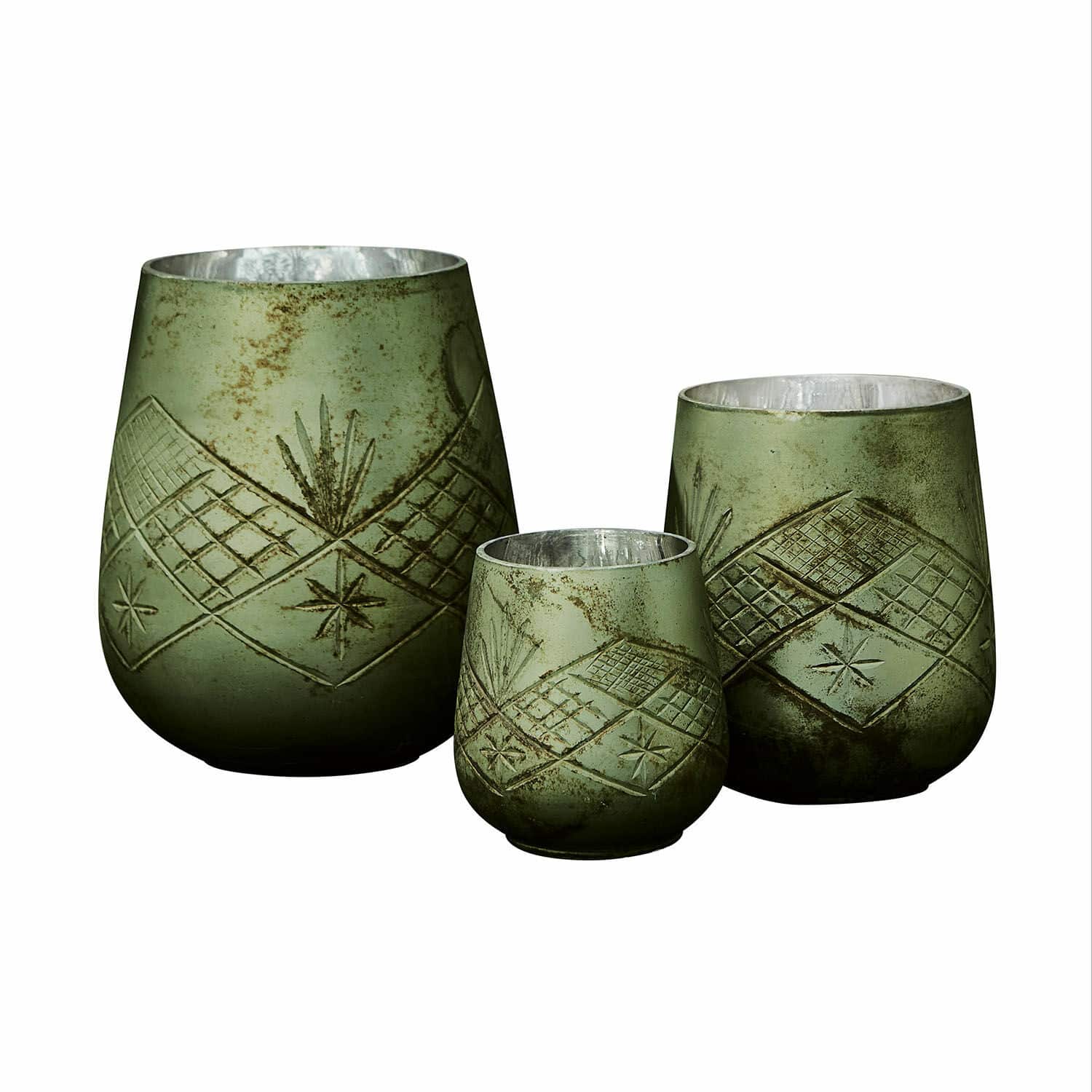 Set de 3 linternas Vitas Conjunto de tres portavelas verdes con interior metálico y diseño de estrellas, decoración para el hogar