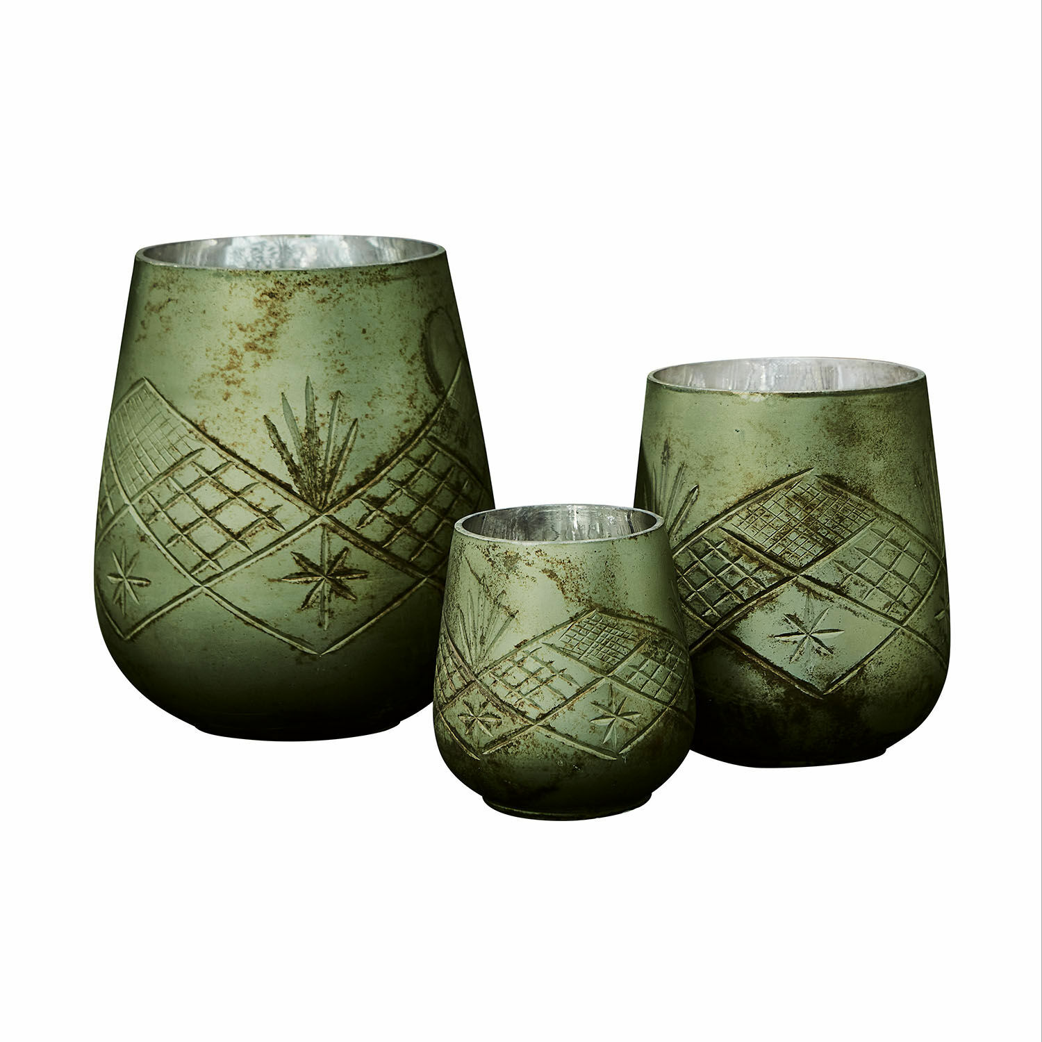 Set de 3 linternas Vitas Conjunto de tres portavelas verdes con interior metálico y diseño de estrellas, decoración para el hogar