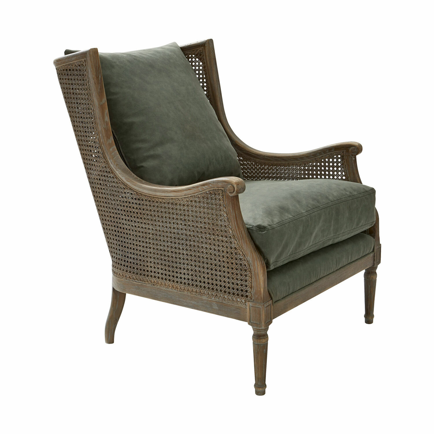 Sillón Greenbrier Sillón de madera y rejilla con cojines verdes de tela suave para sala de estar