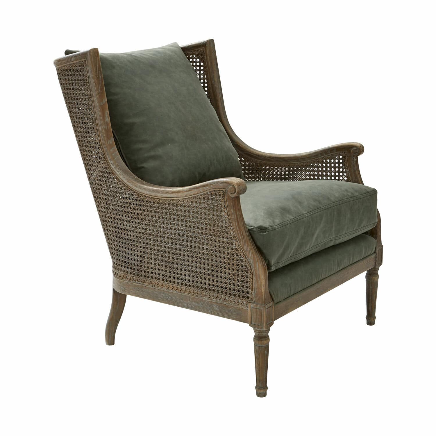 Sillón Greenbrier Sillón de madera y rejilla con cojines verdes de tela suave para sala de estar