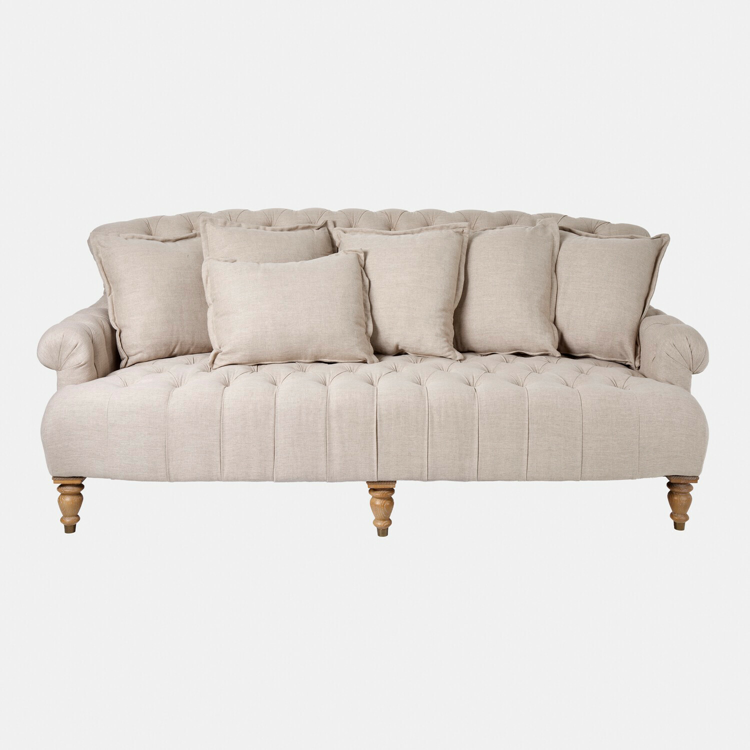 lino Sofá Springfield Village beige de lino con asiento capitoné y cojines, elegante y cómodo para salón