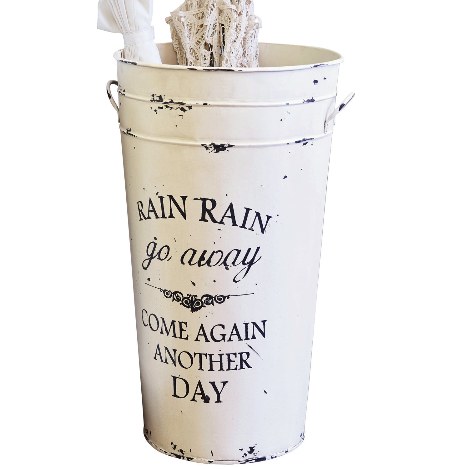 Paragüero Rain Soporte para paraguas metálico blanco con texto «Rain Rain go away» y acabado envejecido