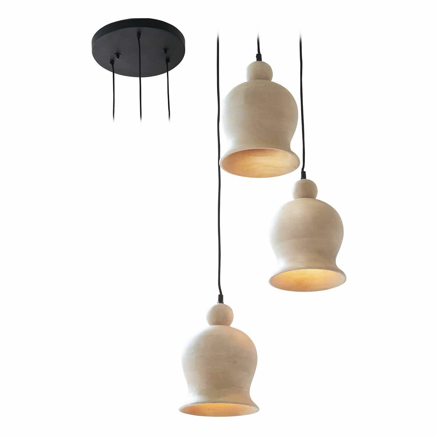 Lámpara colgante Ziravet Tres lámparas colgantes de cerámica beige con cables negros y base de techo redonda negra
