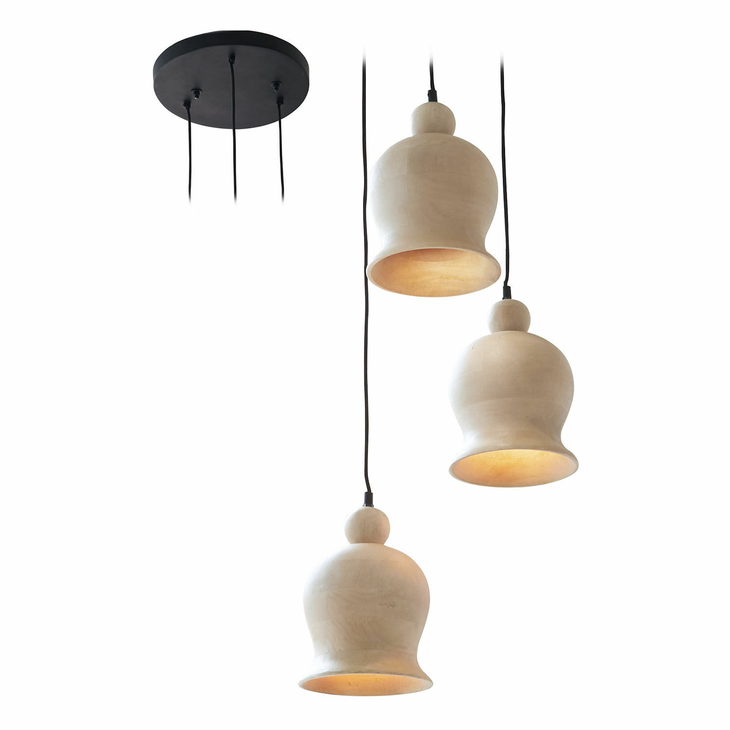 Lámpara colgante Ziravet Tres lámparas colgantes de cerámica beige con cables negros y base de techo redonda negra