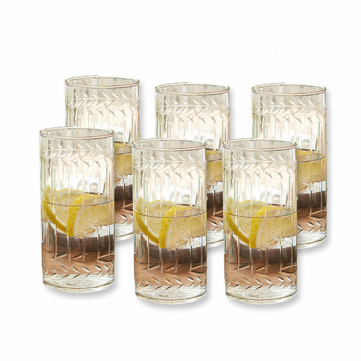 Juego de seis vasos de vidrio transparente con diseño grabado y rodaja de limón
