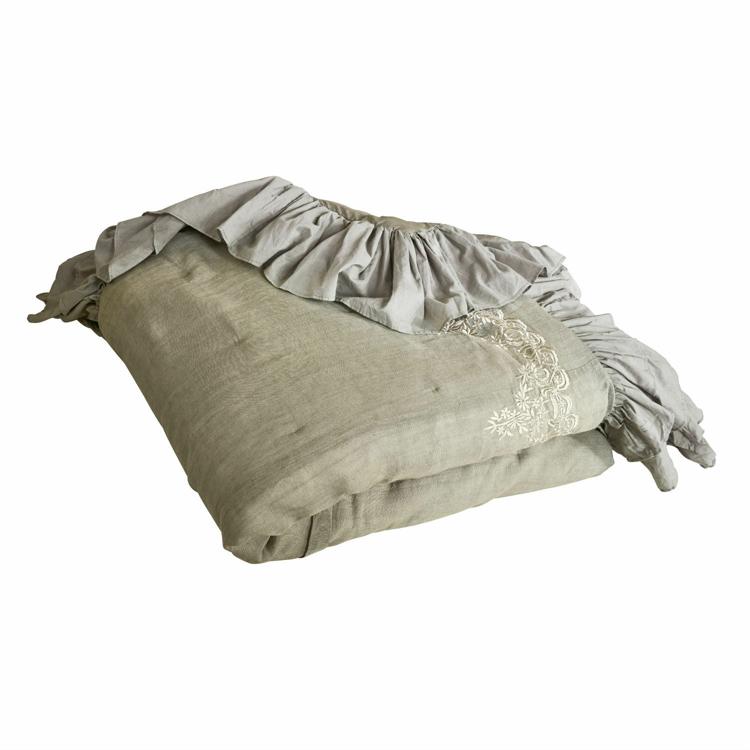 Colcha Therese Ropa de cama de lino beige con volante y bordado, tela natural decorativa para dormitorio