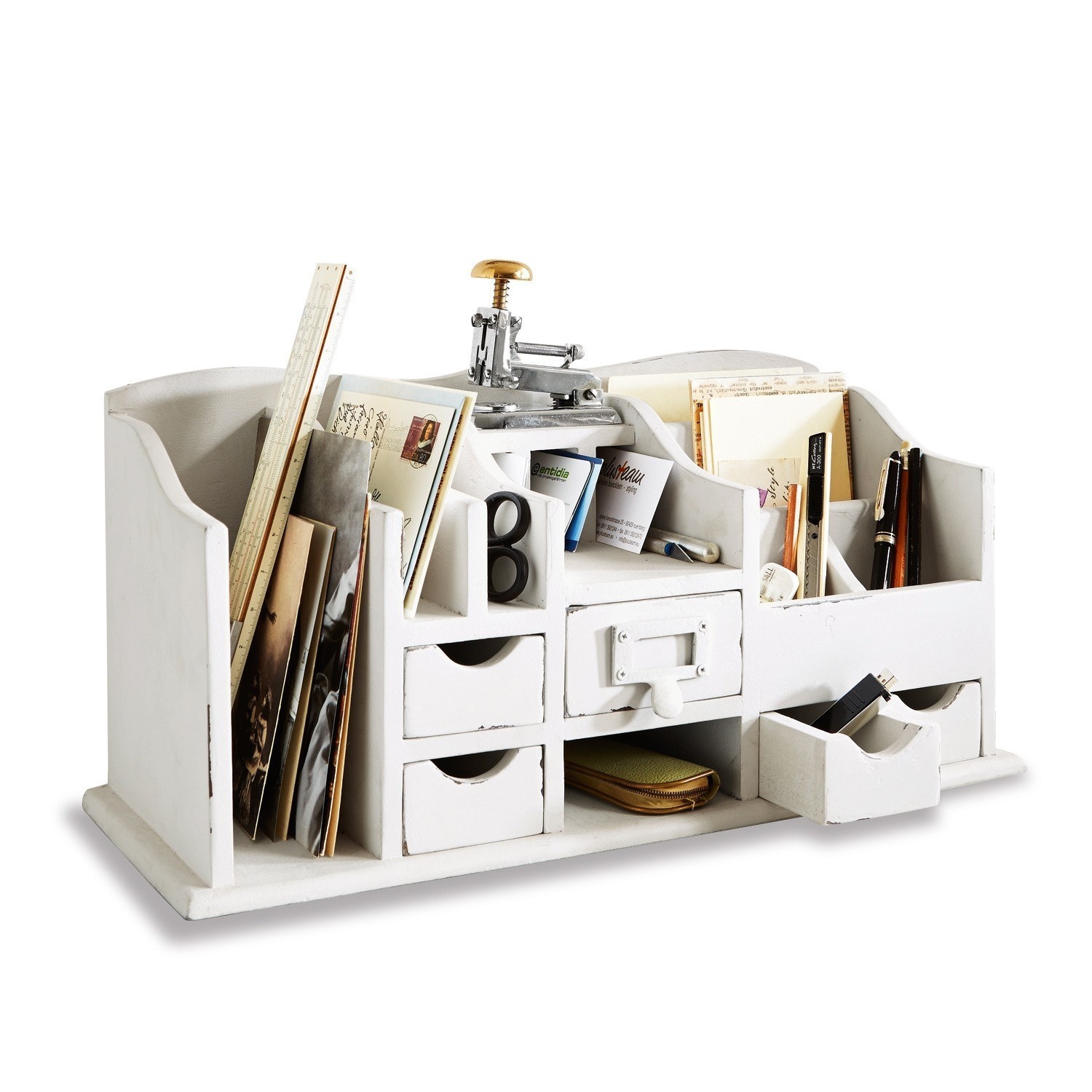 Organizador Levin Organizador de escritorio de madera blanca con cajones y compartimentos para documentos y útiles.
