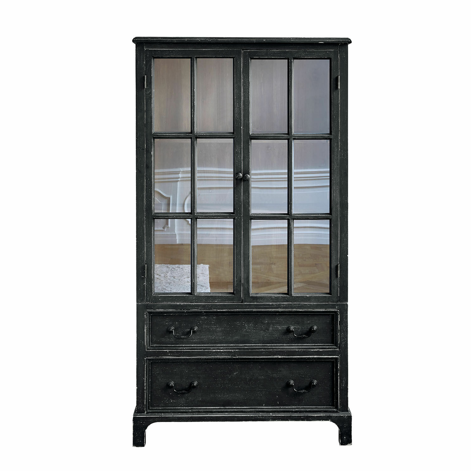 negro envejecido Armario negro de madera Jarrowfield con puertas de cristal y dos cajones, mueble elegante para salón