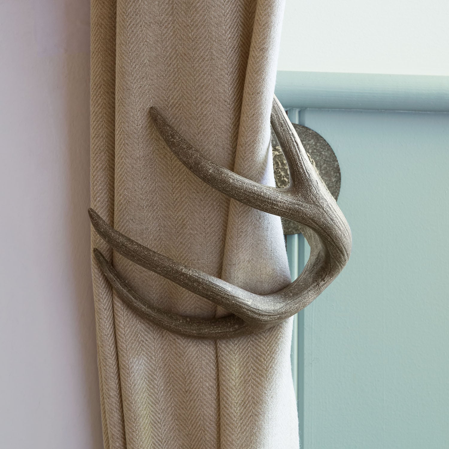 Soporte para cortinas natural en forma de asta de ciervo gris, accesorio decorativo para ventanas