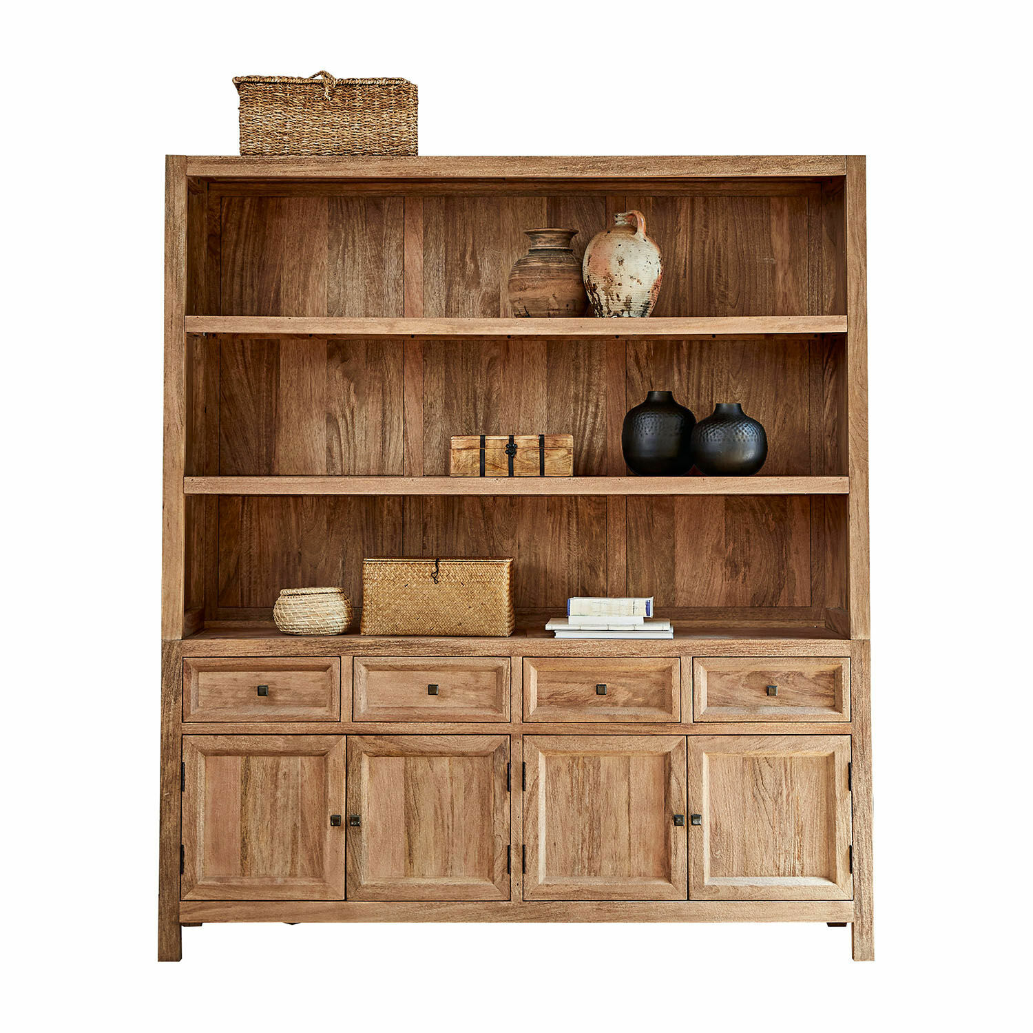 Armario New Bedford Aparador de madera natural con estantes, cajones y decoraciones de cestas y jarrones negros