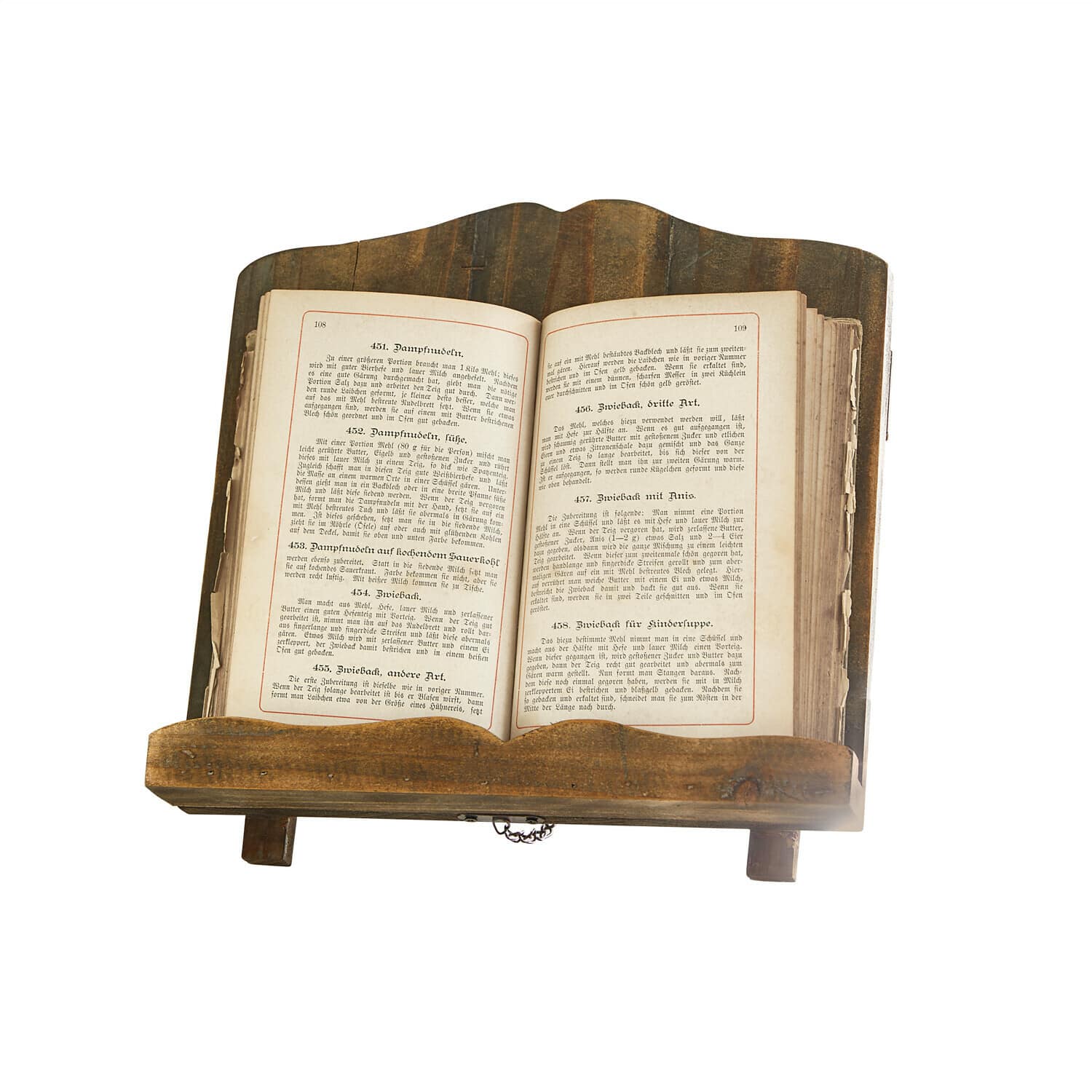 Sujetalibros Mags Soporte de libro de madera marrón con un libro de cocina antiguo abierto