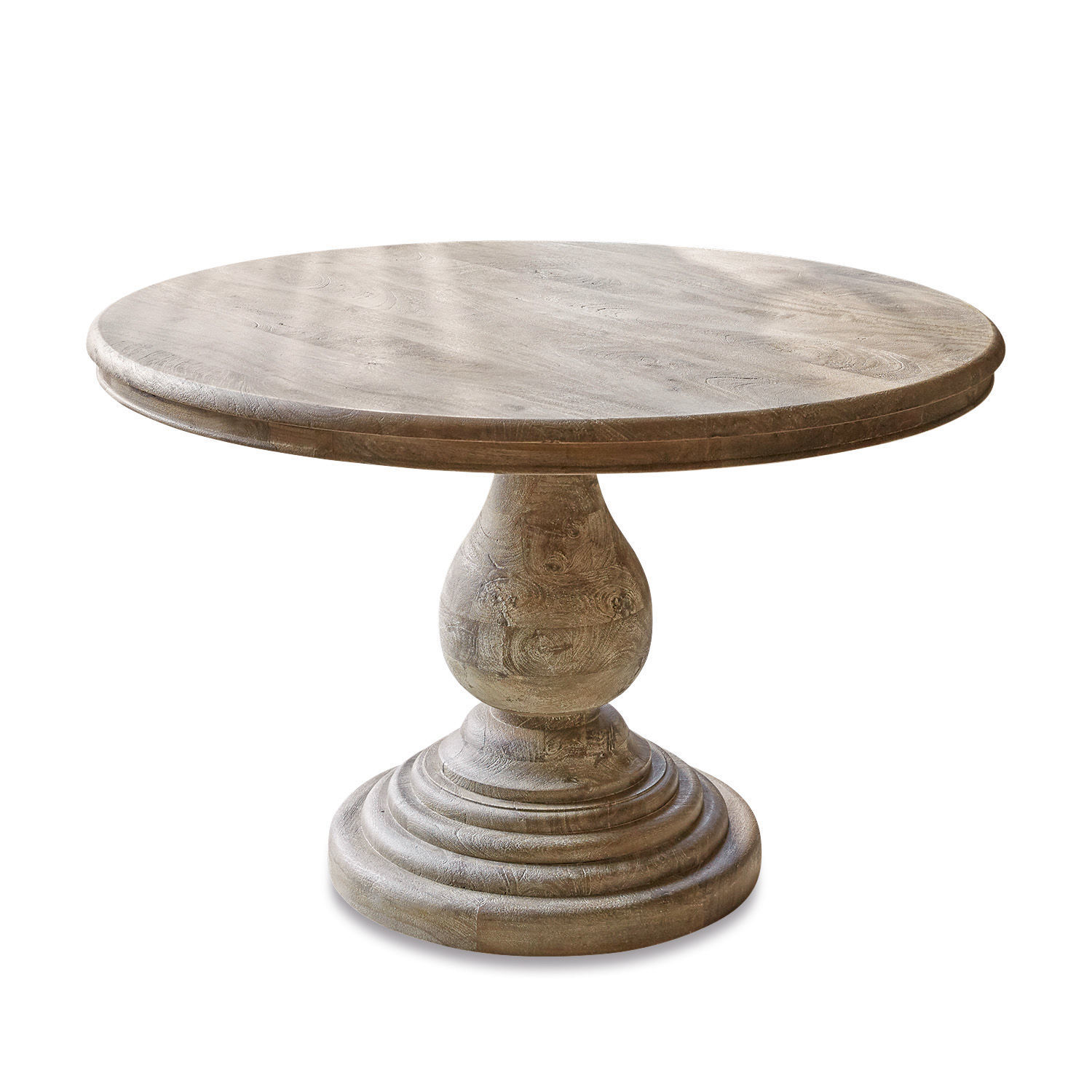 Mesa redonda de madera de mango color natural con base decorativa, mueble de comedor