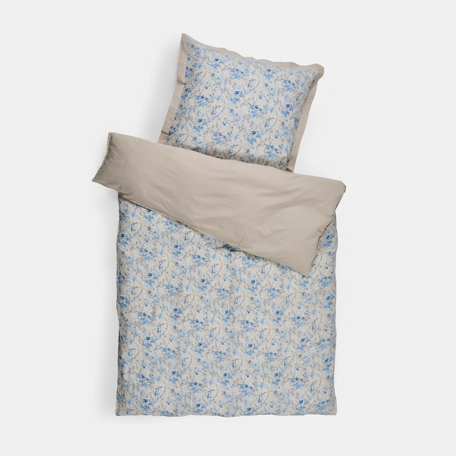 Ropa de cama Vailenne Ropa de cama de algodón beige con estampado floral azul, juego con funda de almohada