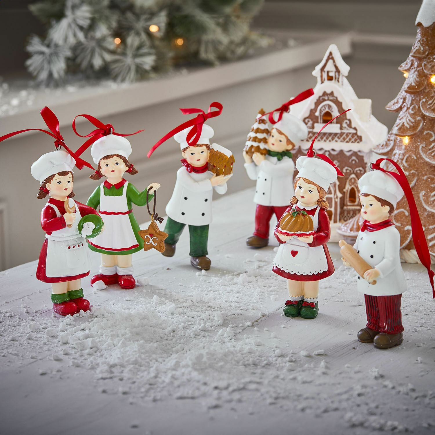 Set de 6 figuras Farzahn Conjunto de seis adornos de cerámica con figuras de cocineros en ropa blanca y roja para decoración navideña