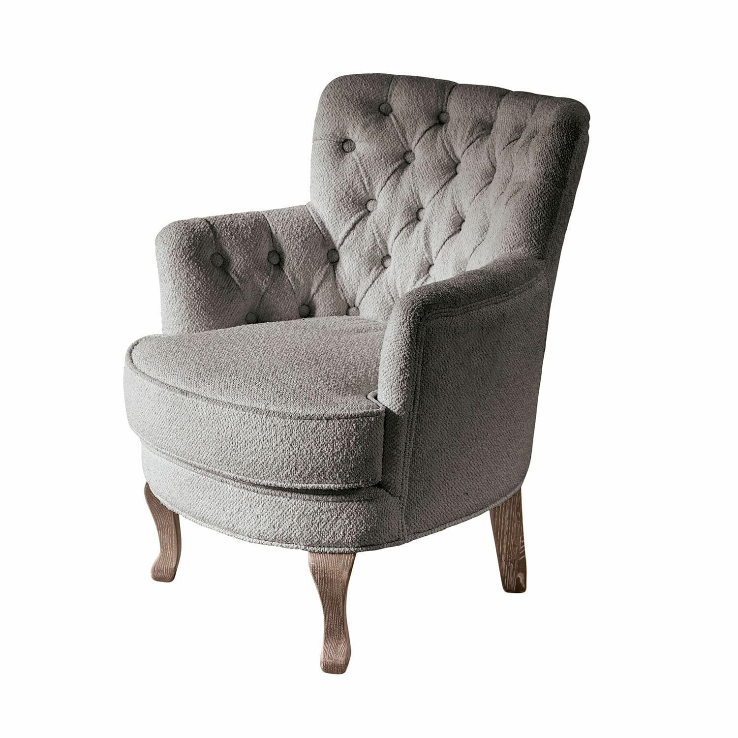 Sillón Calgary Sillón gris de tela con respaldo capitoné y patas de madera para sala de estar