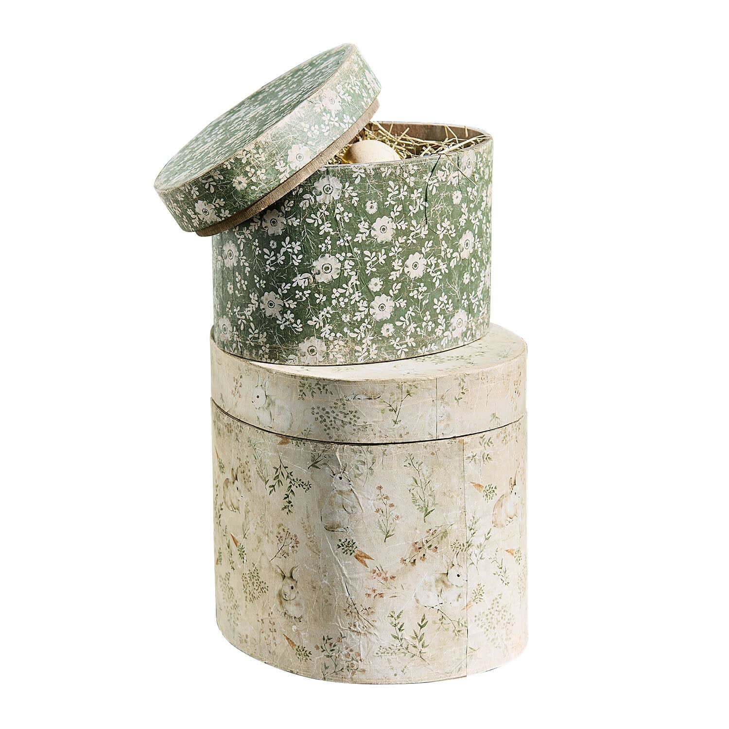 Set de 2 cajas Puddlebrook Conjunto de dos cajas redondas de papel con diseño floral y conejos en verde y beige decorativo