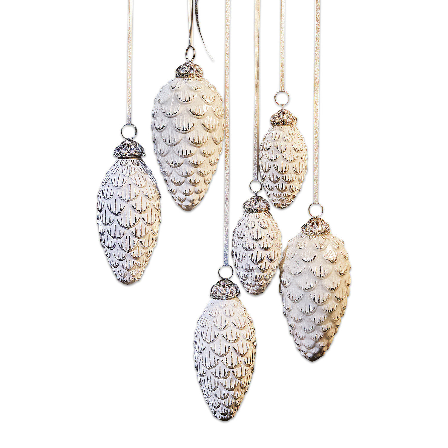 Set de 6 adornos navideños Éva Conjunto de adornos de piñas blancas con detalles plateados para decoración navideña