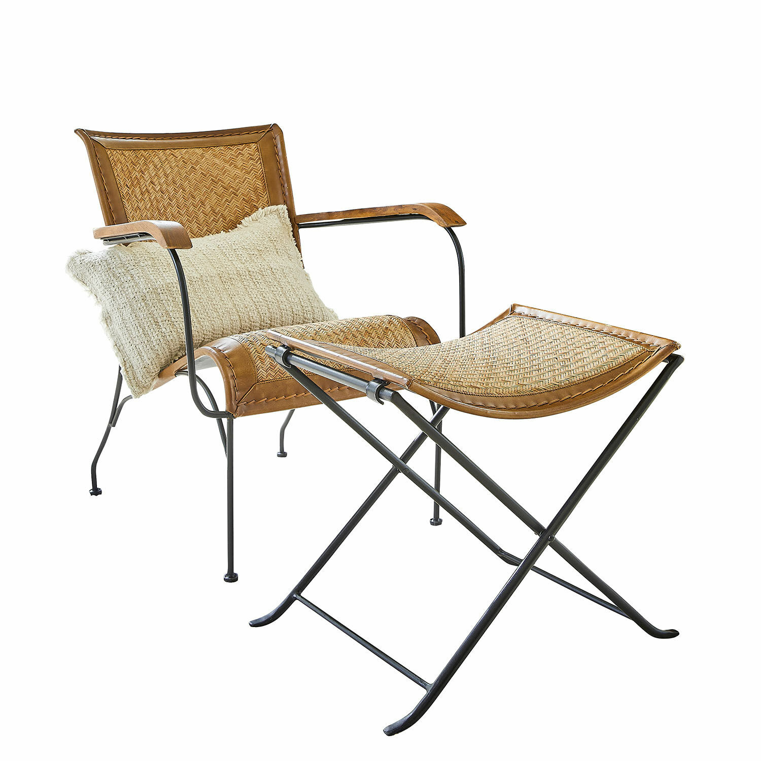 Silla con taburete Dauvron Silla con reposapiés de ratán y metal marrón y negro, cómoda para sala de estar