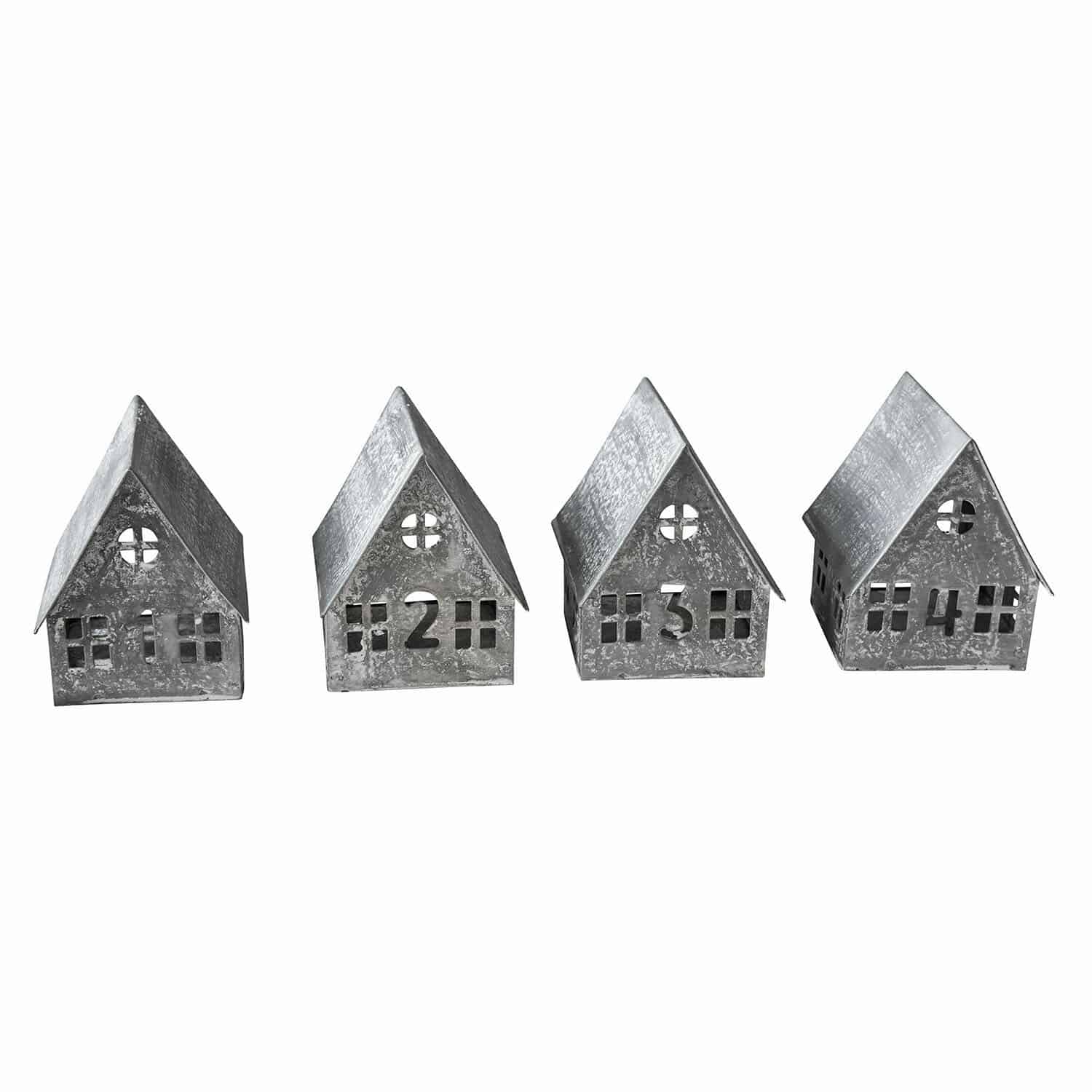 Set de 4 portavelas Ivolere Conjunto de cuatro casas decorativas de metal gris con números del 1 al 4 para decoración interior
