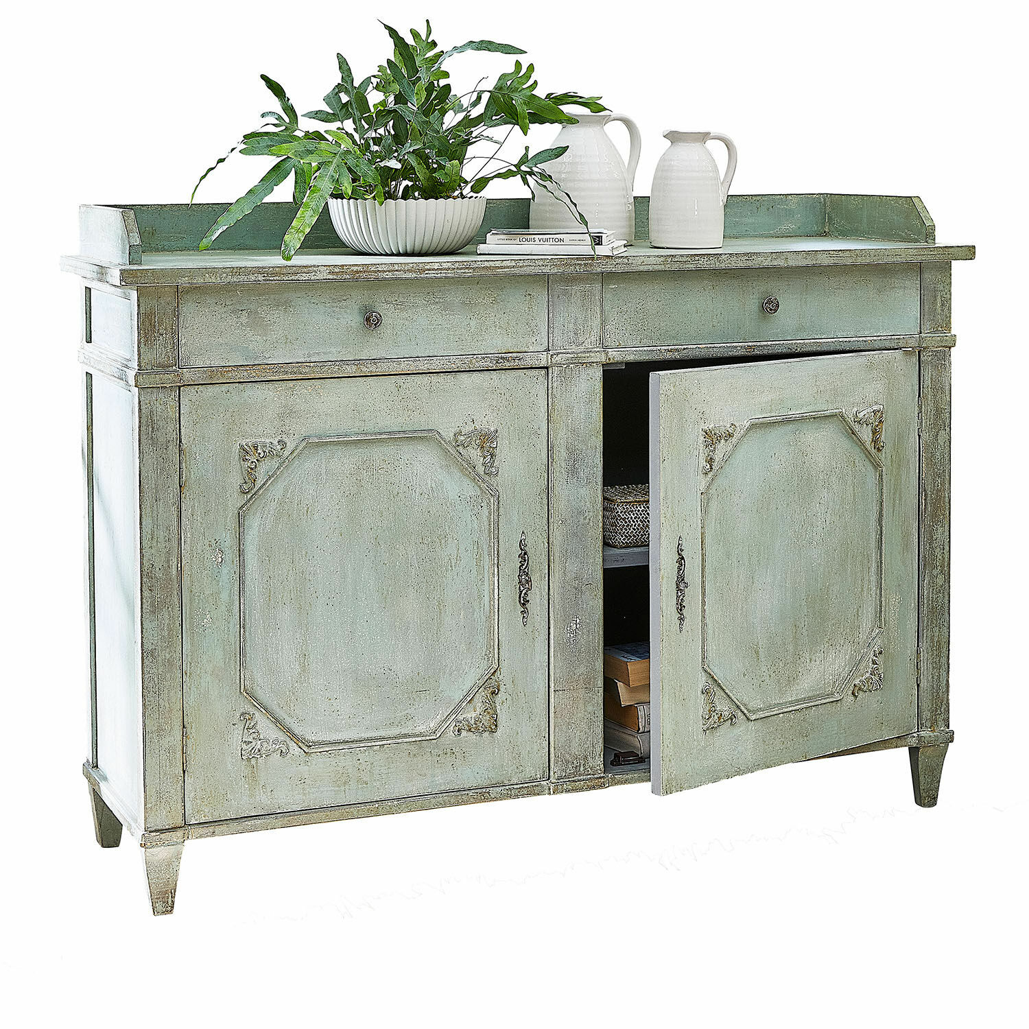 Cómoda Mervelique Aparador de madera verde con dos cajones y puertas decorativas para almacenamiento elegante
